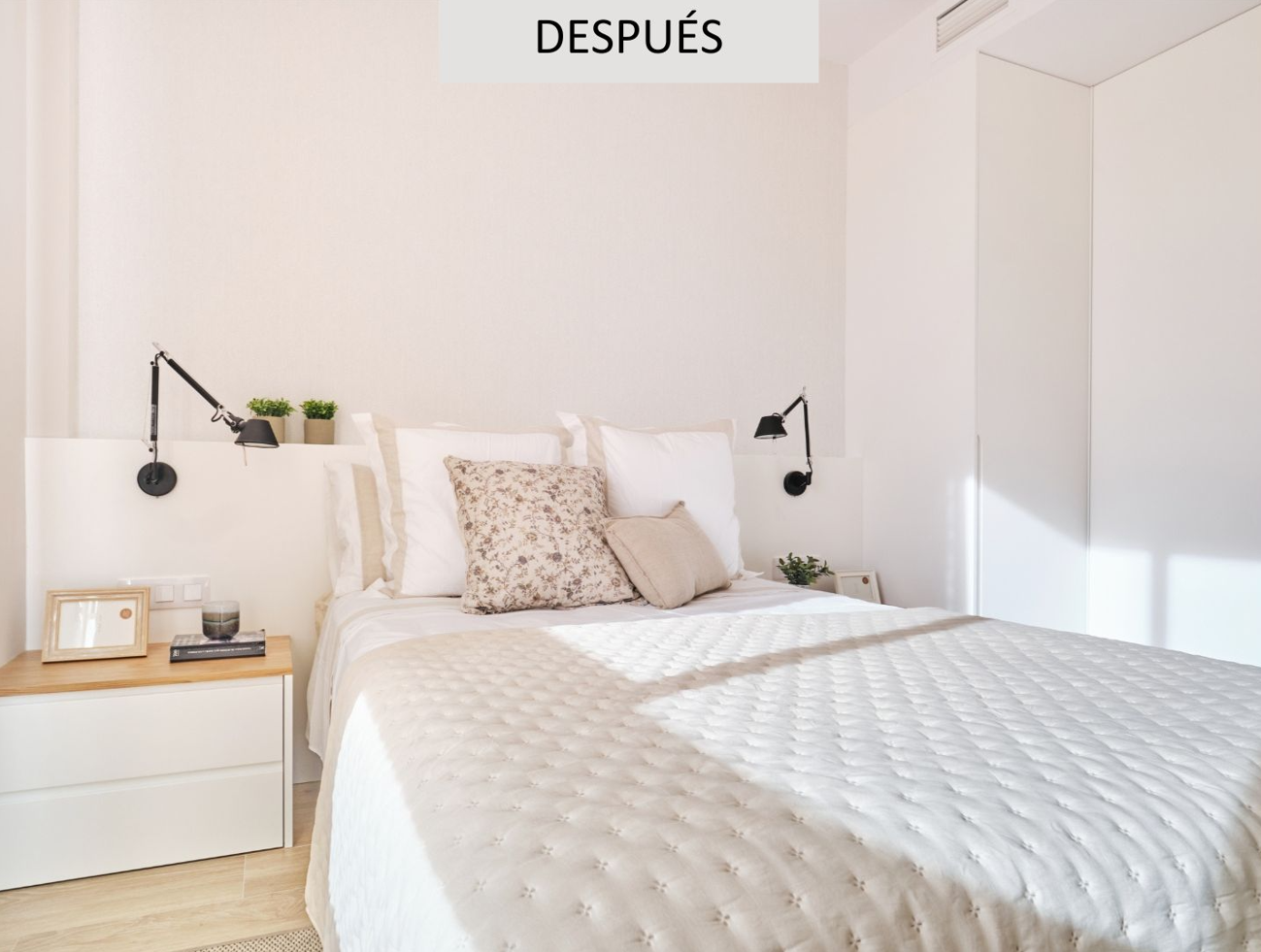 Dormitorio después de reforma en Barcelona con decoración luminosa, estilo nórdico, textiles neutros y cabecero integrado