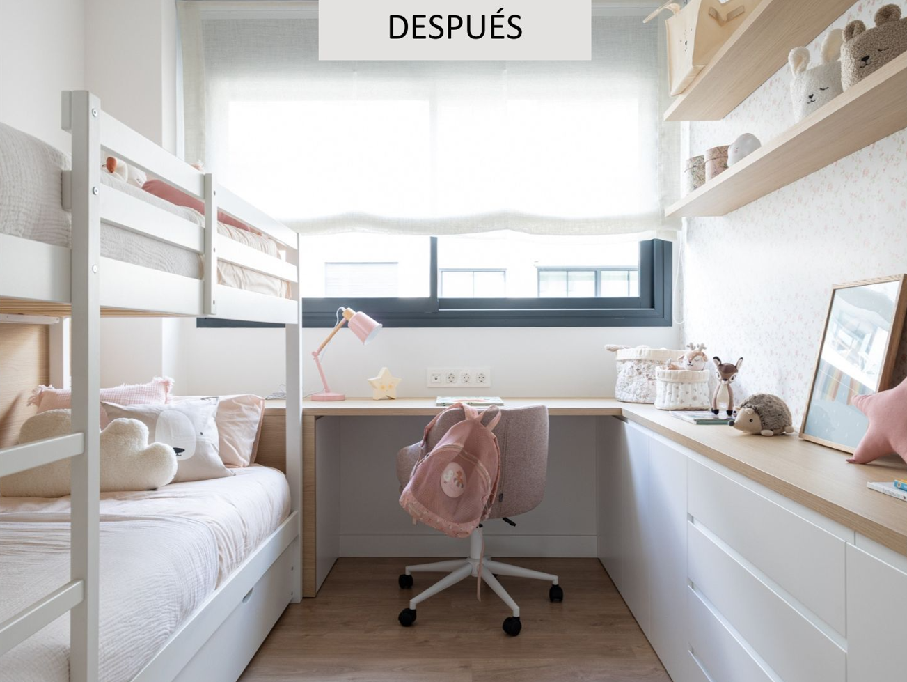 Habitación infantil reformada en Barcelona con cama alta, zona de estudio y muebles a medida adaptados al crecimiento del niño