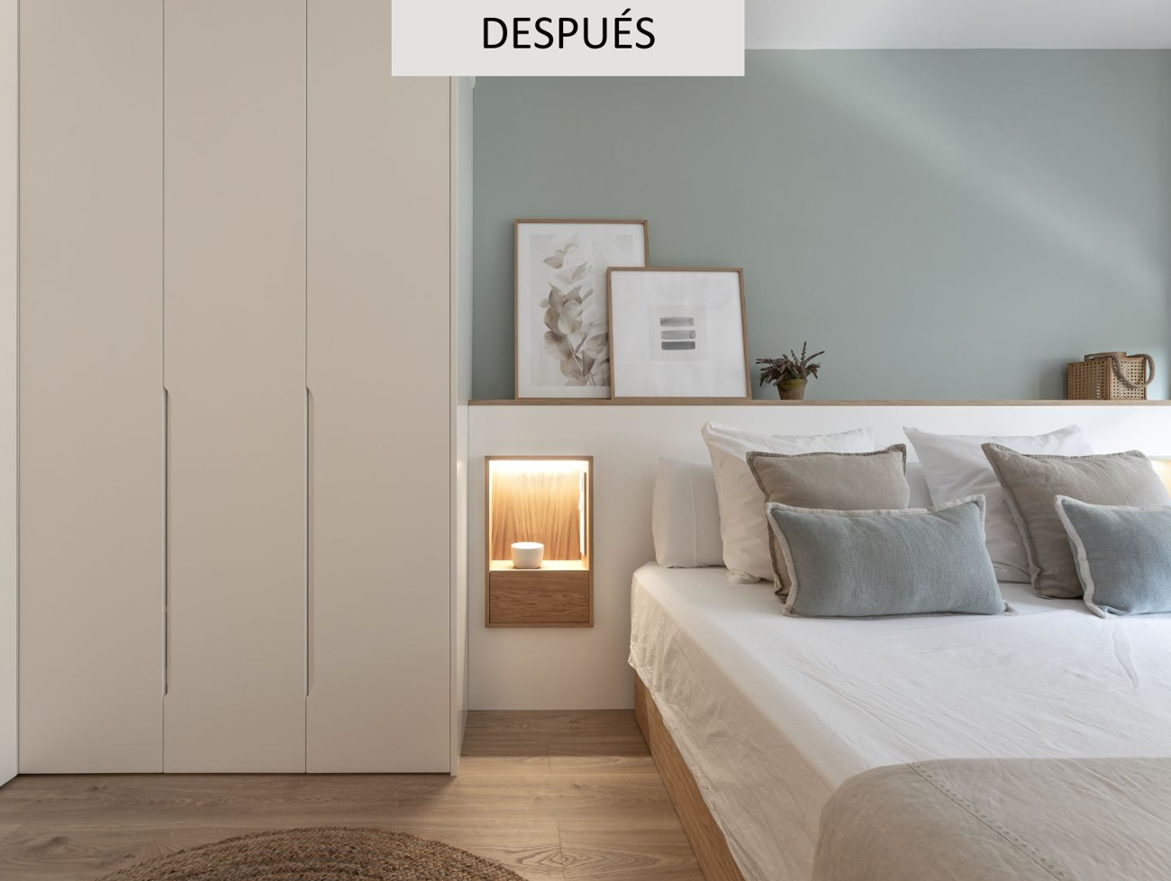 Después de reforma de dormitorio en Terrassa con diseño moderno, mobiliario a medida, tonos neutros y cabecero integrado con iluminación