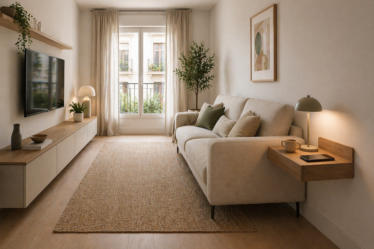 Estante flotante usado como mesa auxiliar en el salón pequeño junto al sofá frente al televisor