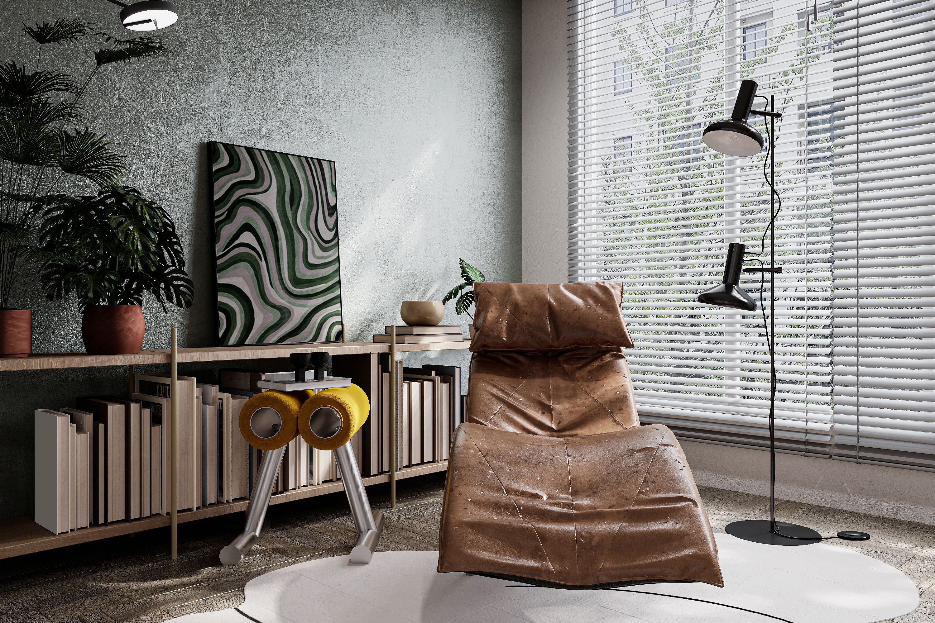 Rincón de lectura en casa con lámpara de pie orientable, luz natural y estantería con libros junto a ventana