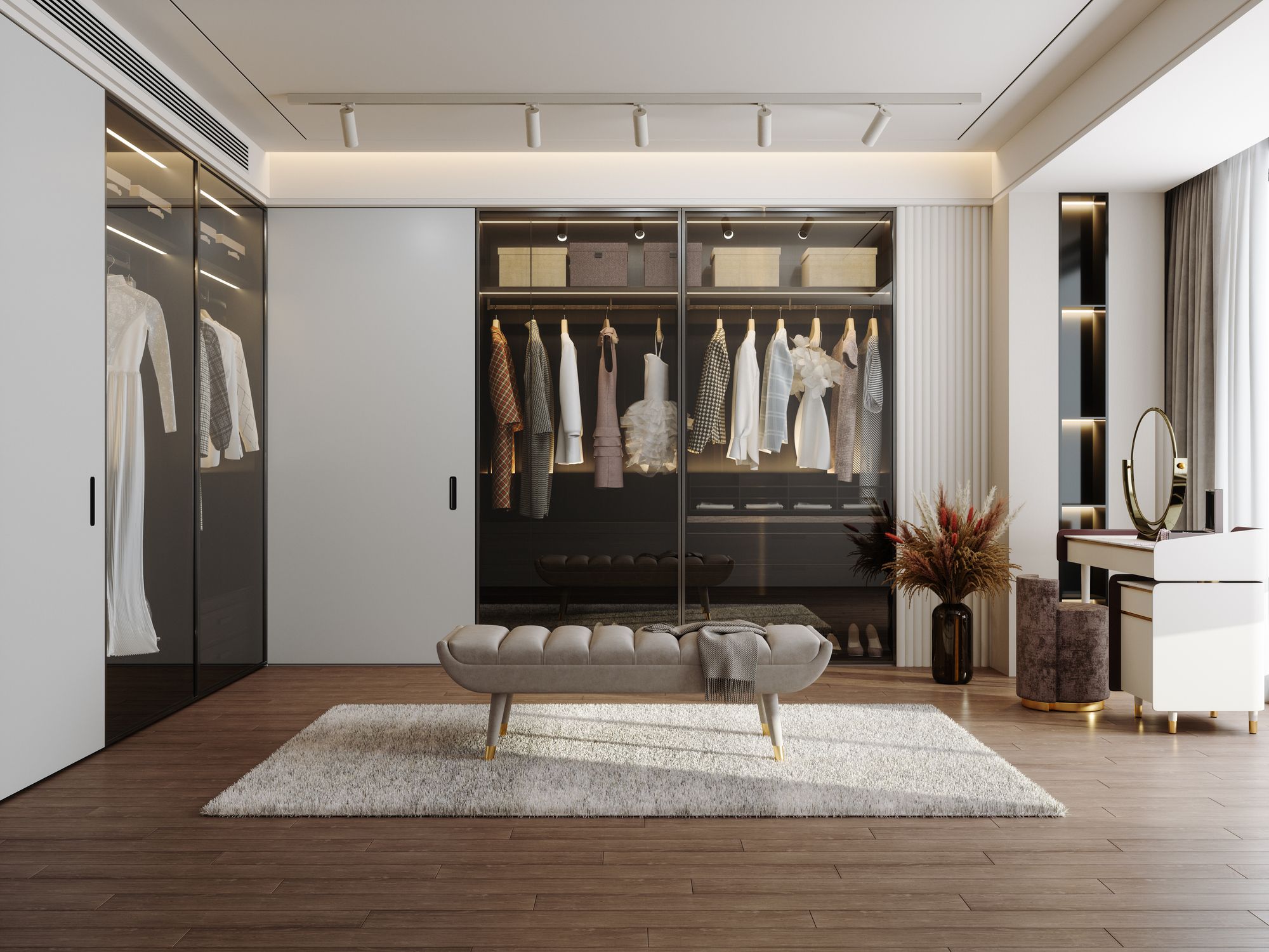 Vestidor elegante con madera oscura, cristal ahumado y acabados premium inspirado en el vestidor de Miranda Priestly