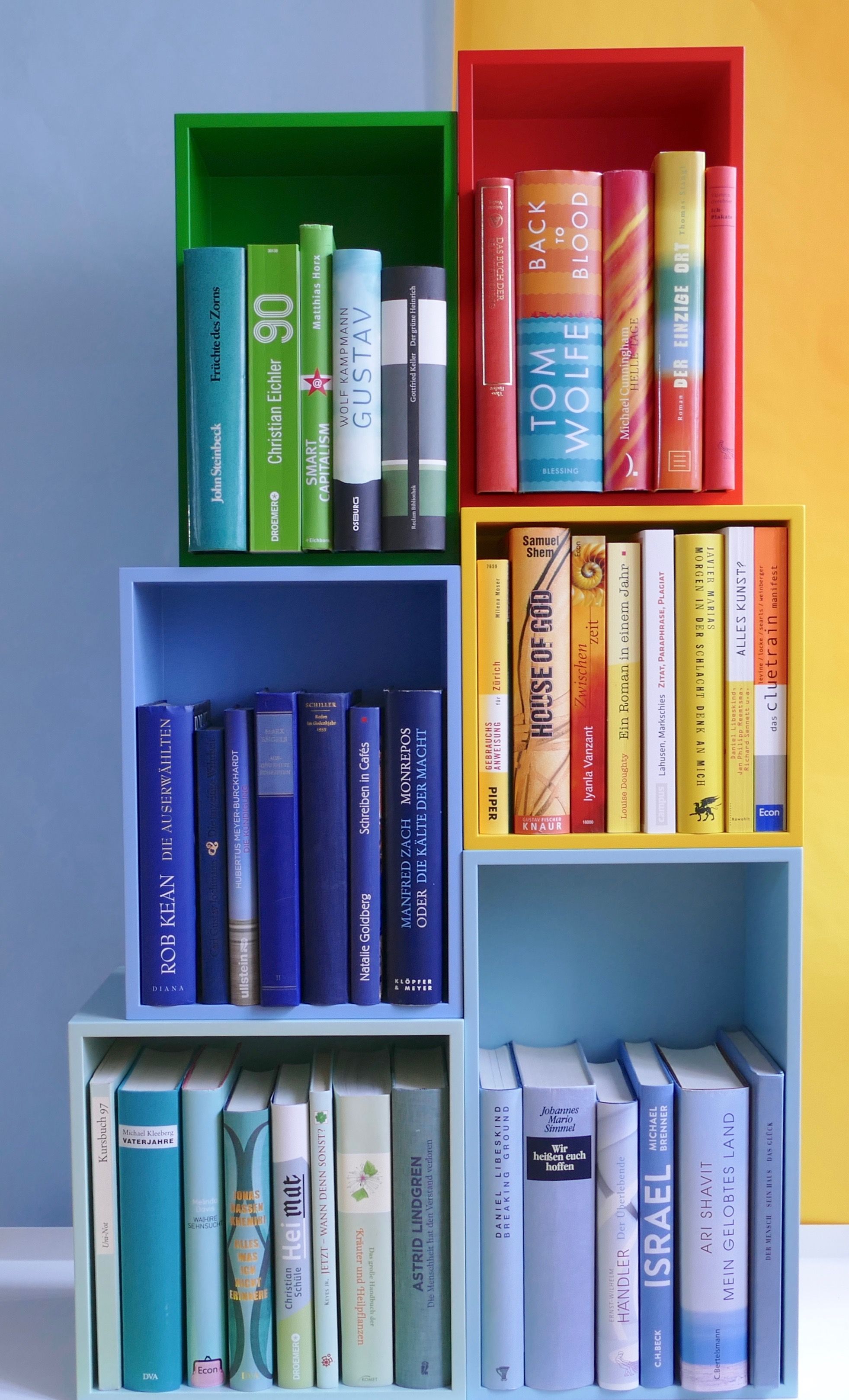 Libros ordenados por colores en estantería creando efecto arcoíris decorativo