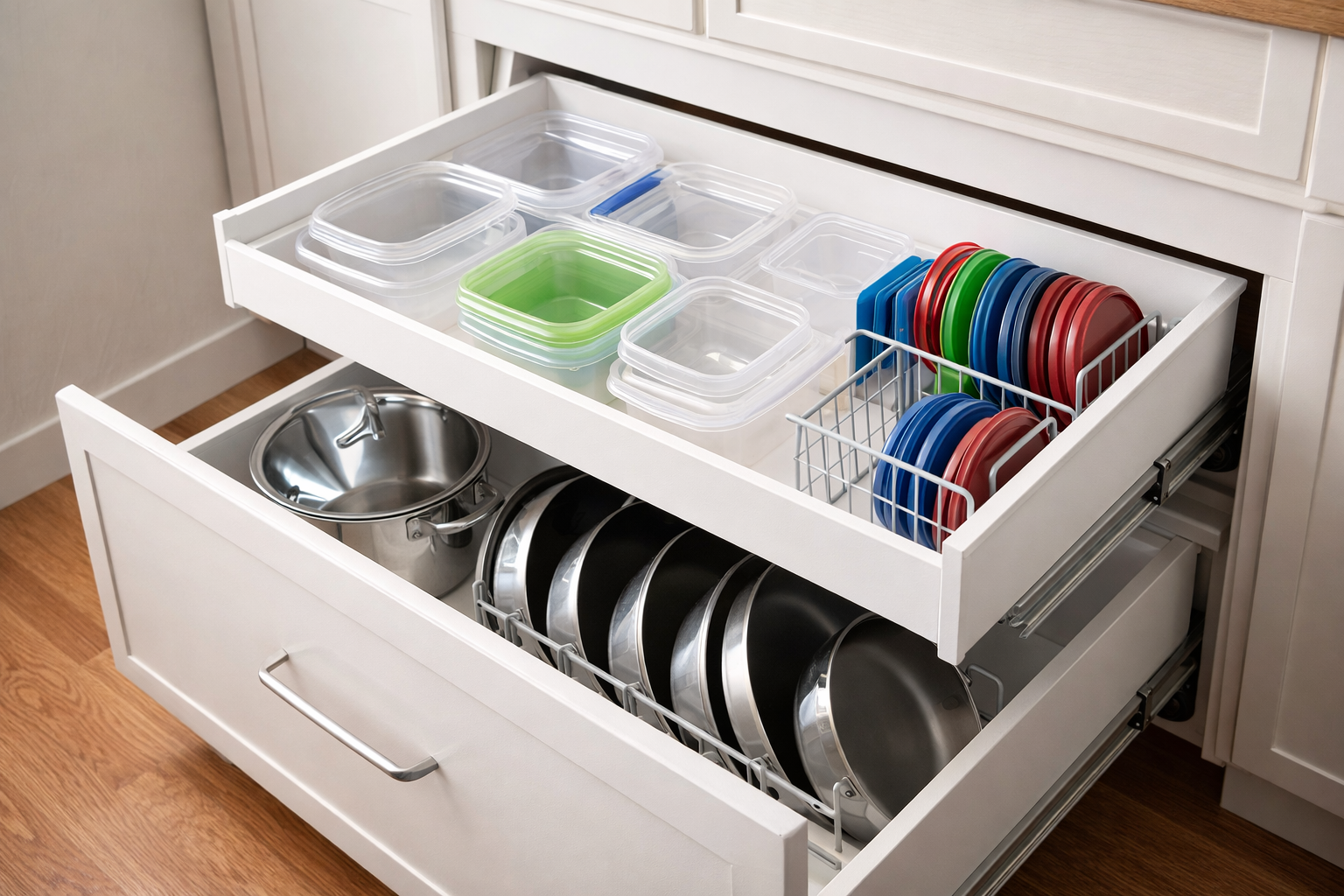 Cajón de cocina con doble nivel y bandeja extraíble para organizar sartenes tapas y tápers