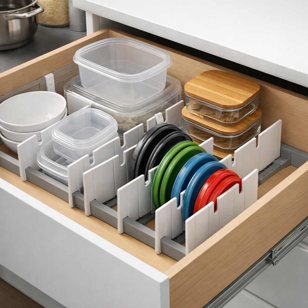 Tápers y tapas organizados con módulos ajustables en cajón de cocina para optimizar el espacio