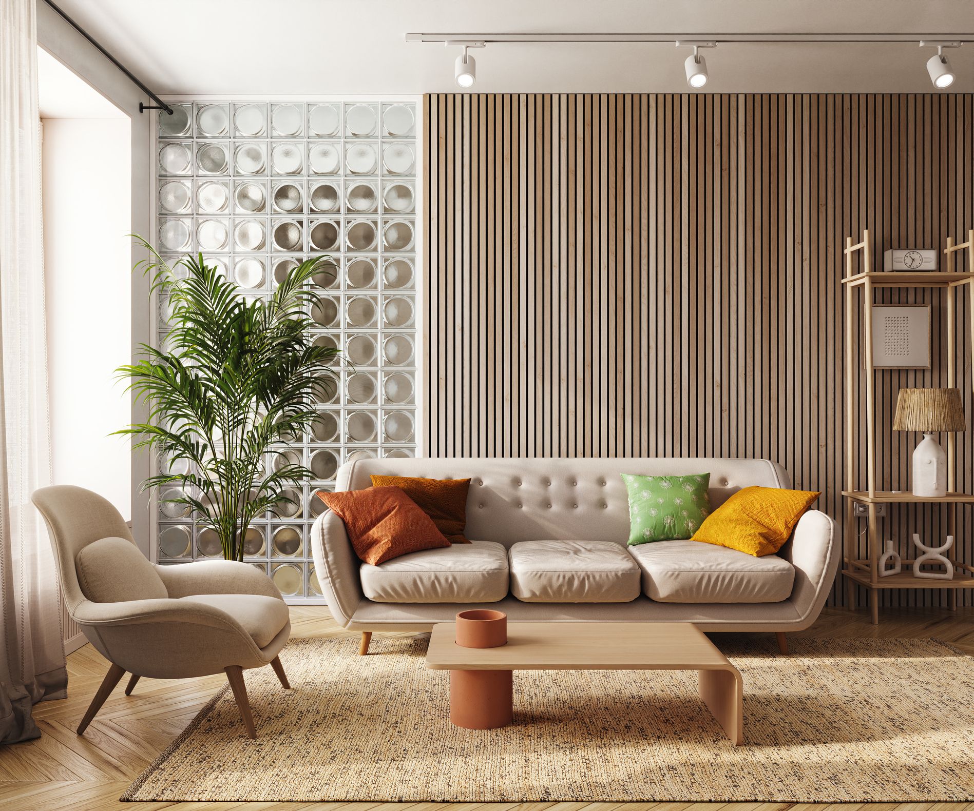 Salón moderno con paneles decorativos de madera en la pared, idea sobre cómo decorar las paredes del salón sin cuadros