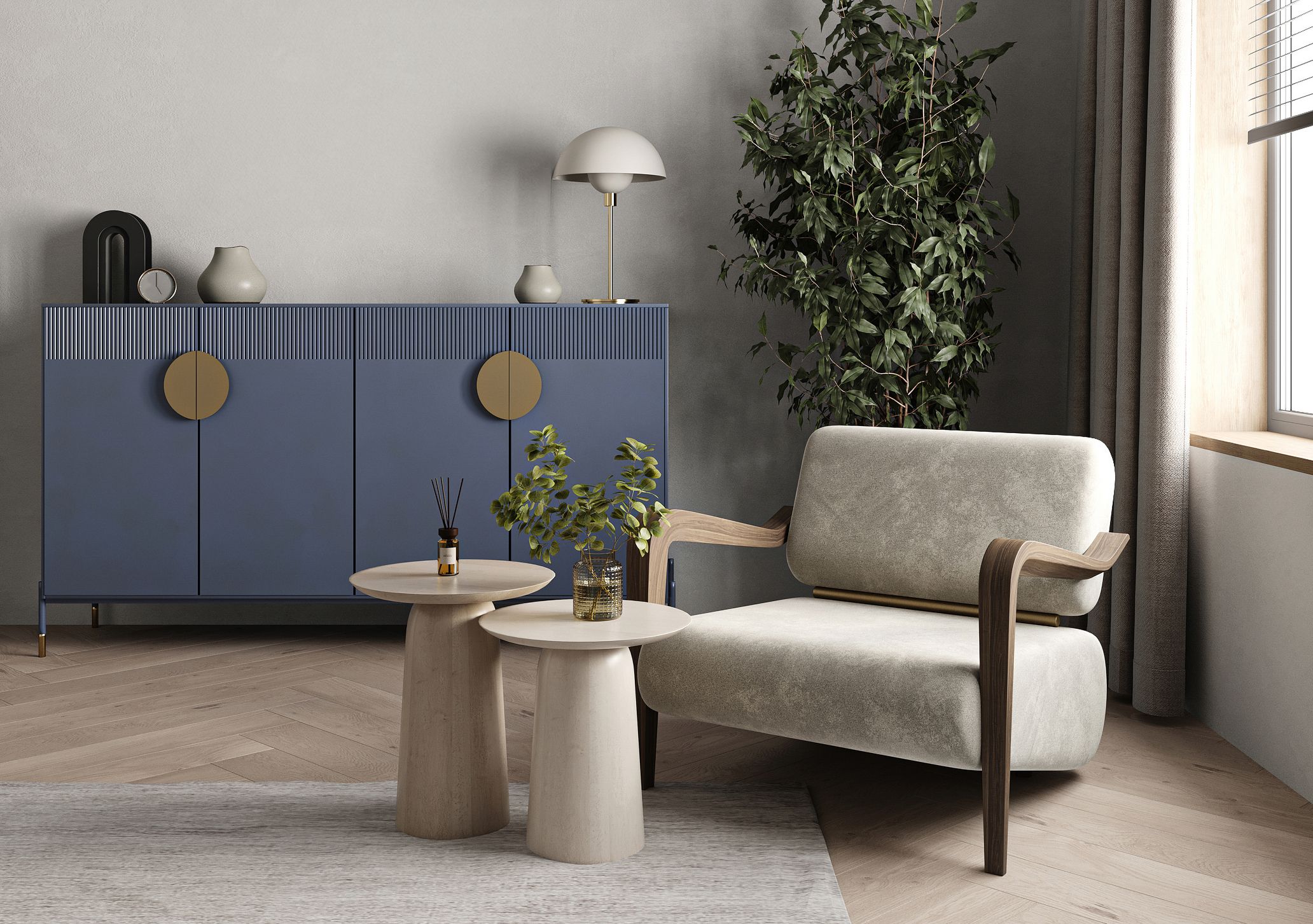 Salón moderno con pieza protagonista, sillón de diseño y mueble decorativo en tonos neutros y madera