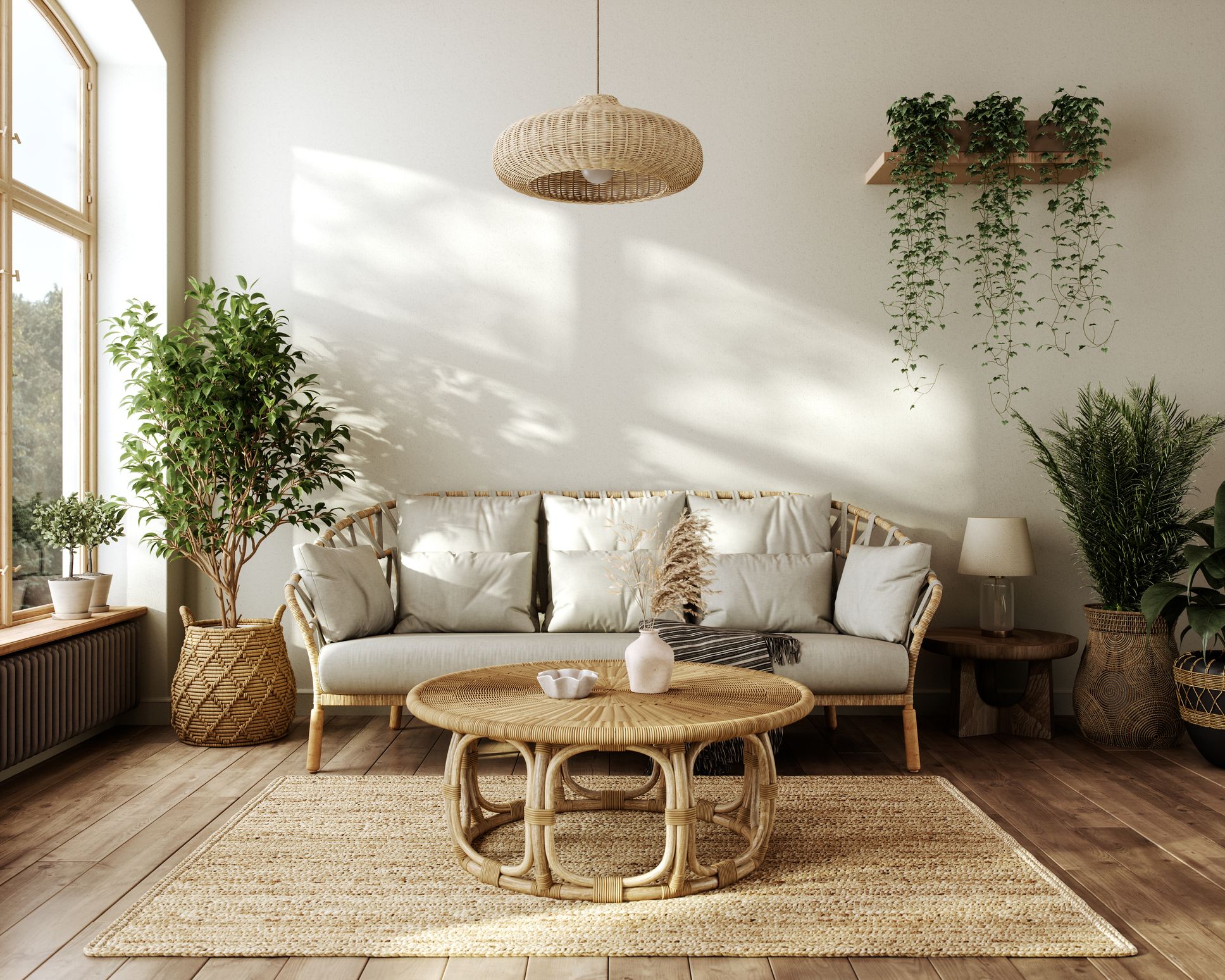 Salón con materiales naturales, fibras y plantas siguiendo tendencias de decoración cálida 2026