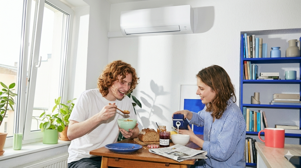 Dos amigos en una vivienda con aire acondicionado para el verano