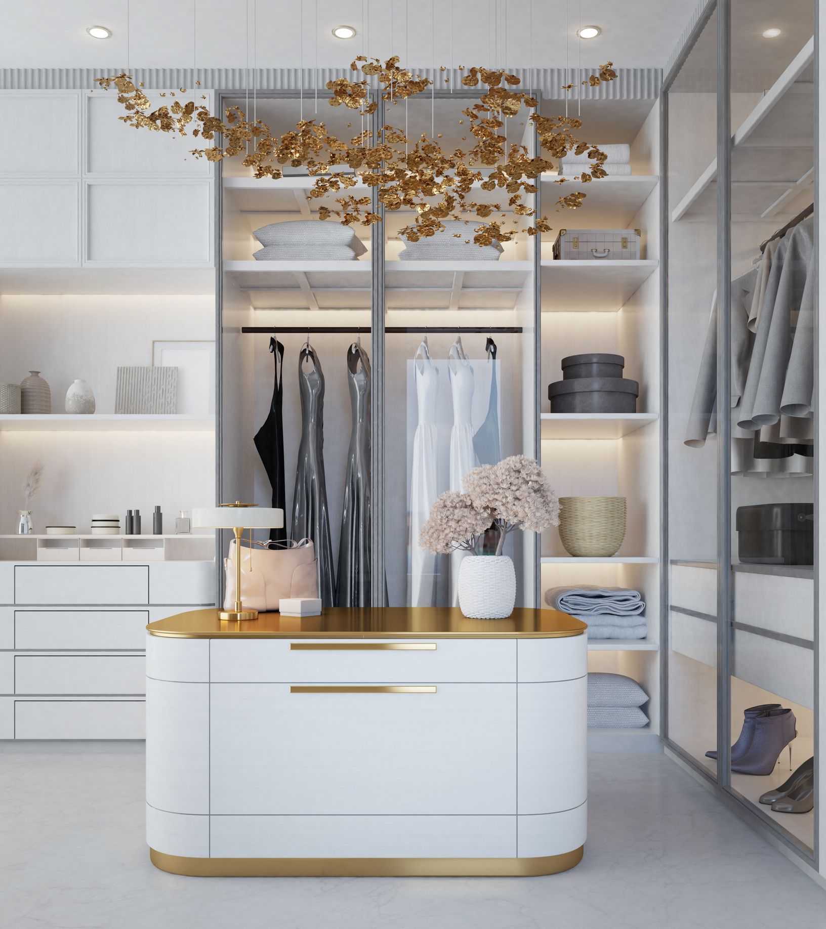 Vestidor de lujo moderno con isla central e iluminación elegante inspirado en cómo sería el vestidor de Miranda Priestly