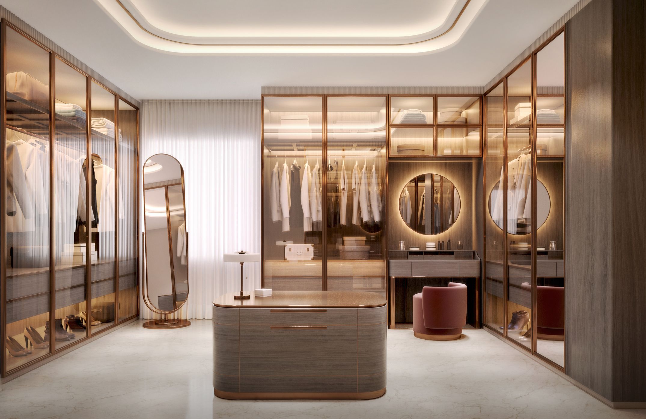 Vestidor de lujo con isla central, tocador iluminado y módulos organizados inspirado en el vestidor de Miranda Priestly