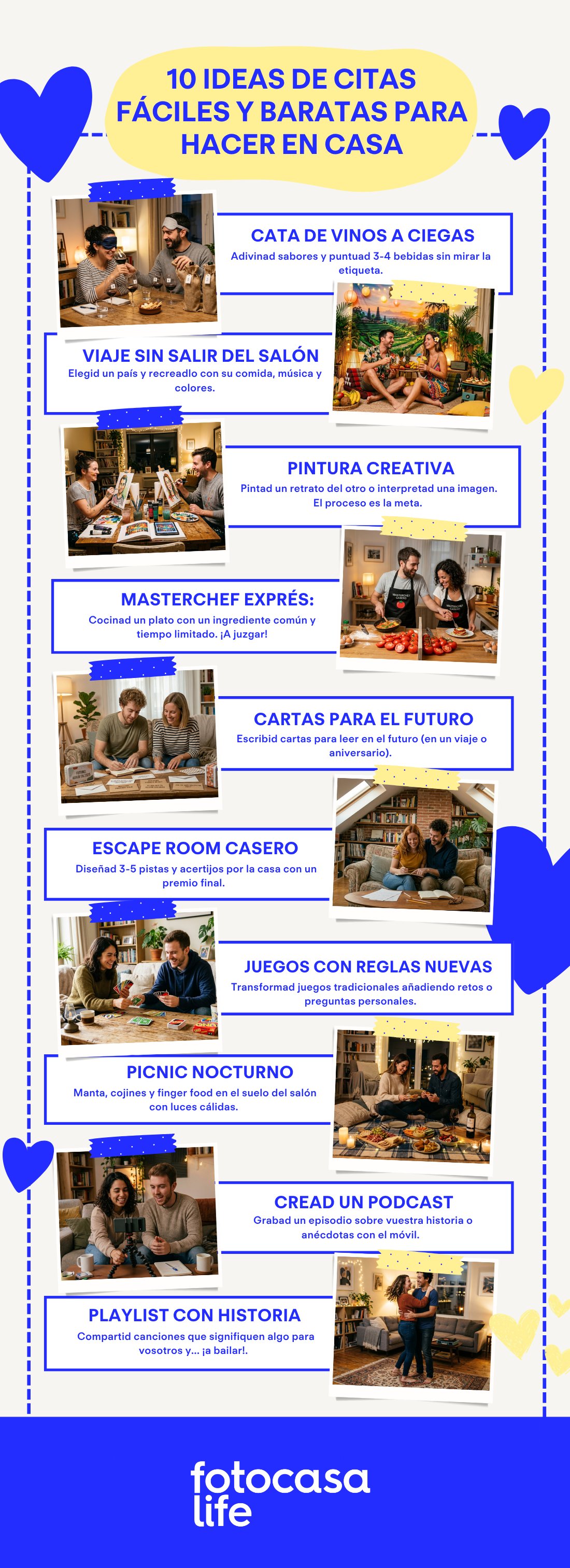 Infografía con 10 ideas fáciles y baratas de citas caseras en casa como catas de vino, picnic nocturno, escape room y viajes temáticos