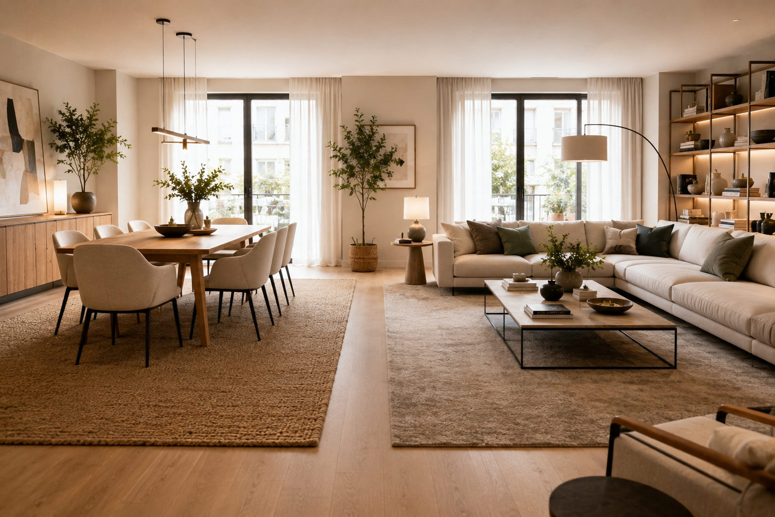 Alfombras XL utilizadas para separar ambientes entre salón y comedor en una vivienda moderna