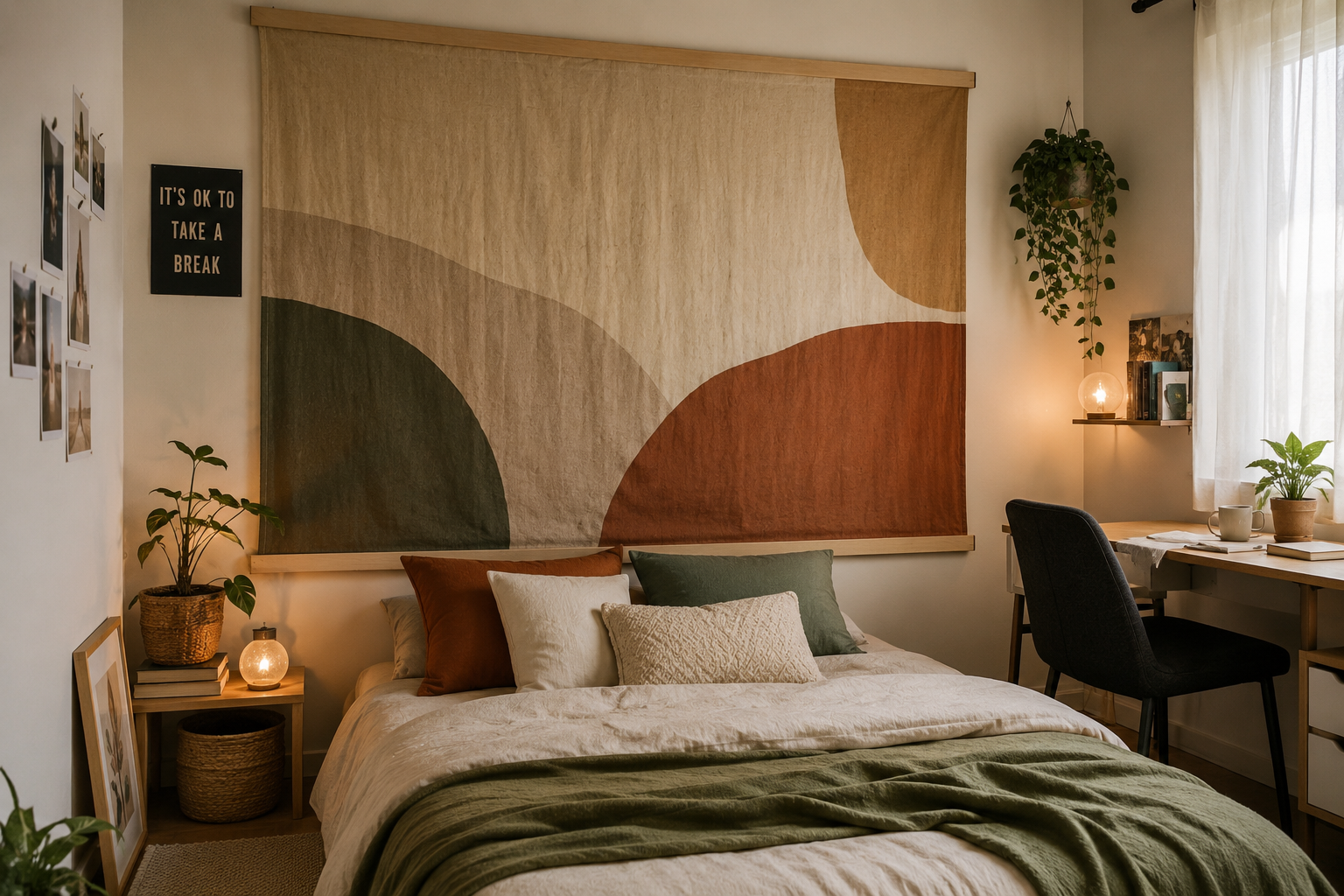 Dormitorio juvenil decorado con un canvas gigante de tela tensada en tonos tierra sobre la pared principal, una idea DIY para personalizar una habitación en un piso compartido