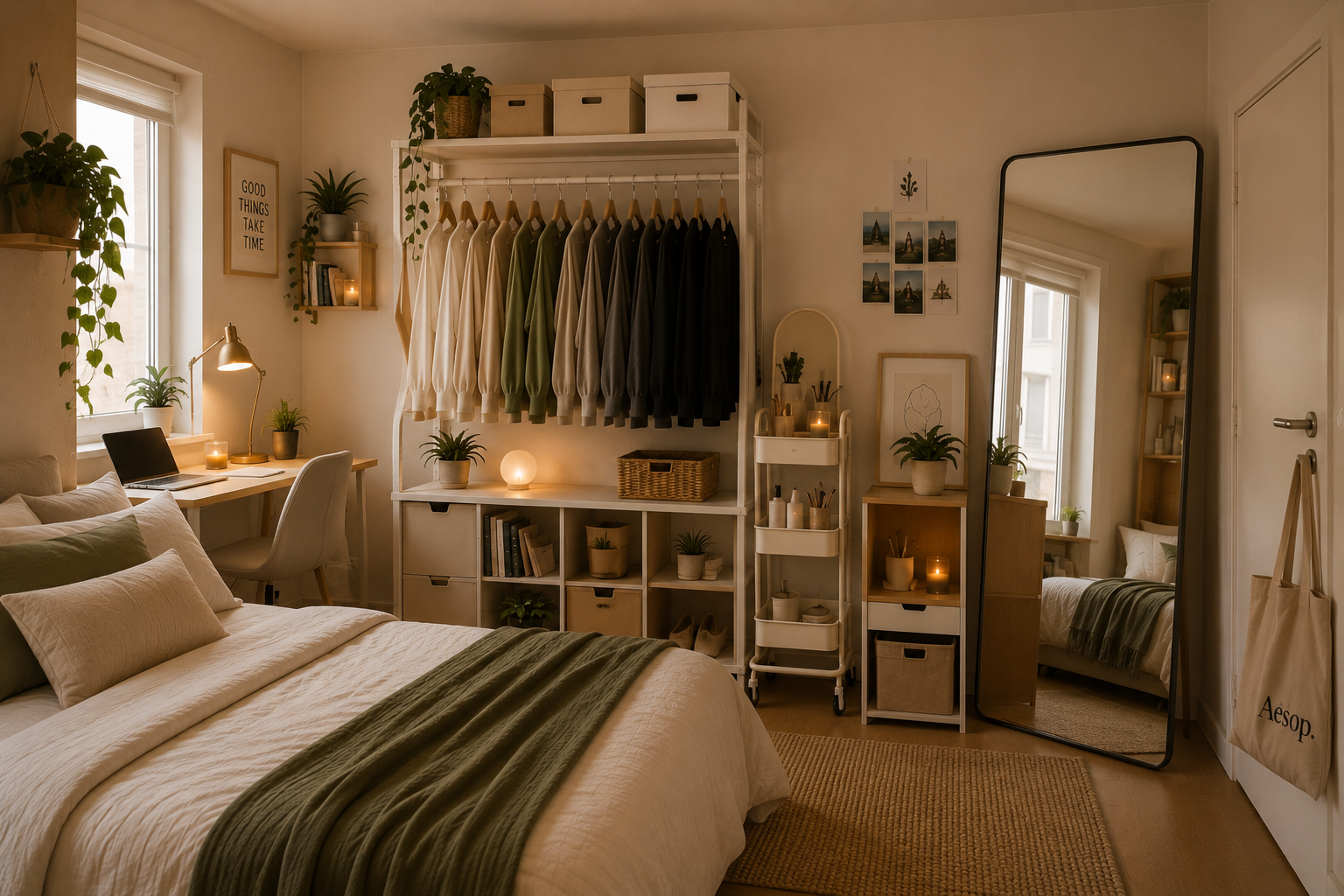 Habitación juvenil con carrito auxiliar con ruedas, armario abierto organizado por colores, módulos apilables y espejo XL para ampliar visualmente el espacio