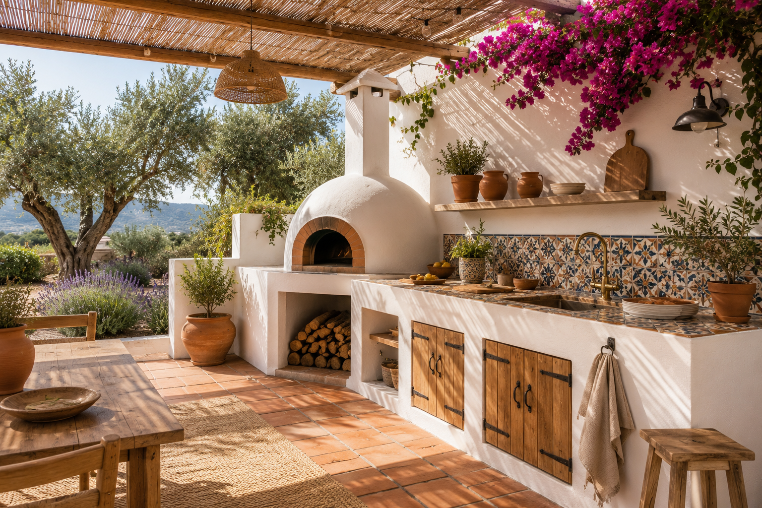 Cocina exterior mediterránea con horno de leña blanco, pérgola de cañizo y encimera de mosaico hidráulico