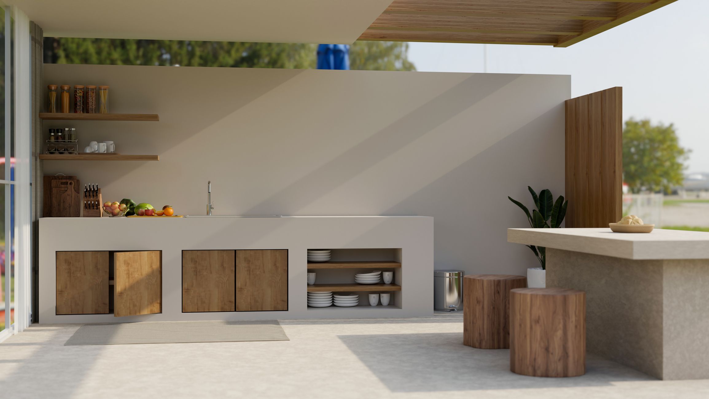 Cocina exterior minimalista moderna con muebles de obra y detalles en madera natural