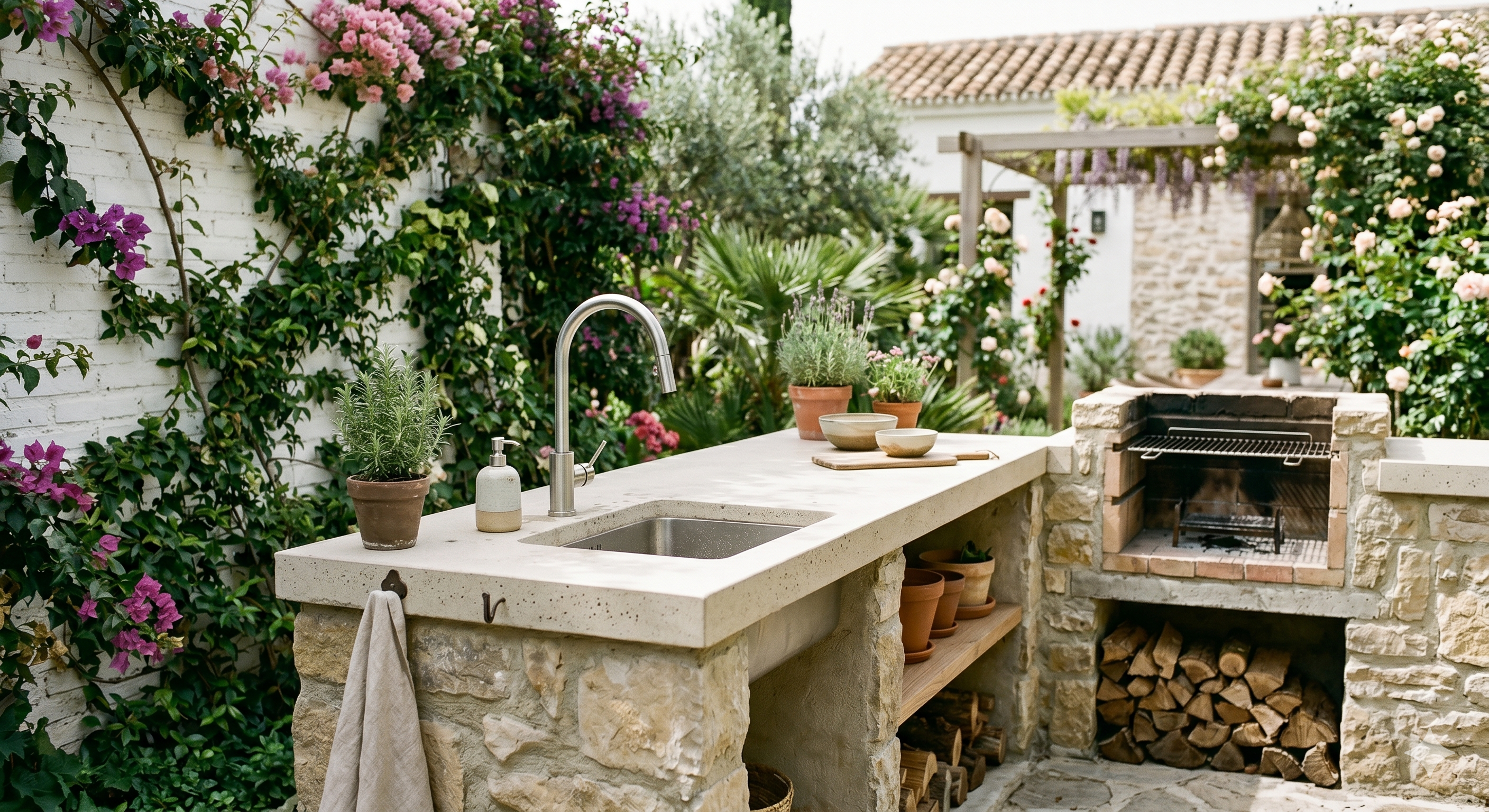 Cocina exterior rústica de piedra natural con fregadero y barbacoa en jardín mediterráneo lleno de flores