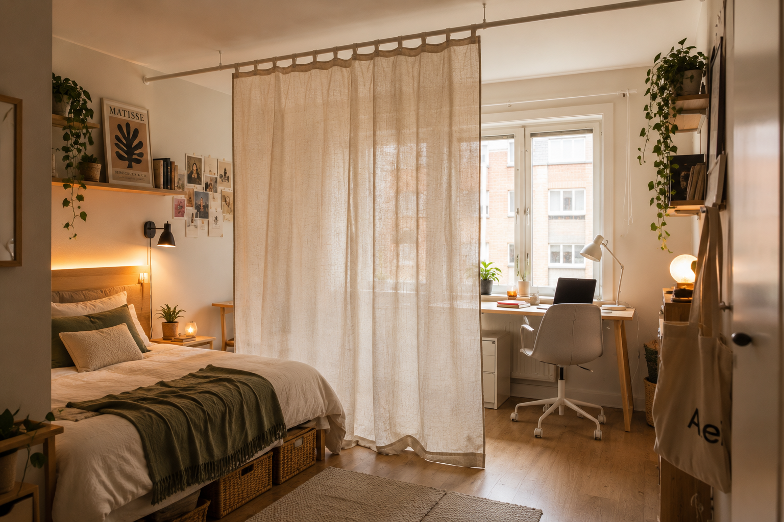 Habitación en piso compartido con cortina de lino translúcida que separa visualmente la zona de descanso del escritorio de estudio