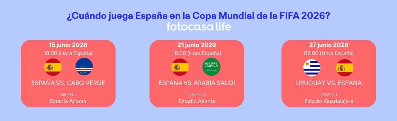 Infografía con el calendario de España en el Mundial 2026: partidos ante Cabo Verde, Arabia Saudí y Uruguay, con fechas, horarios en España y sedes oficiales FIFA.