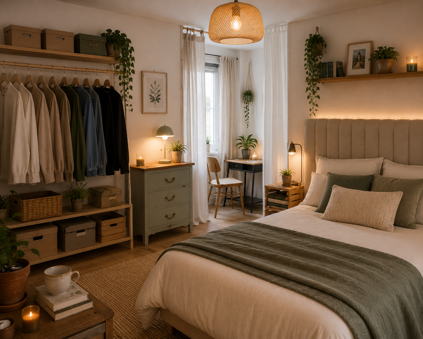 Dormitorio decorado con muebles reciclados pintados con chalk paint, armario abierto, cajas reutilizadas, cabecero acolchado DIY y objetos vintage en un piso compartido