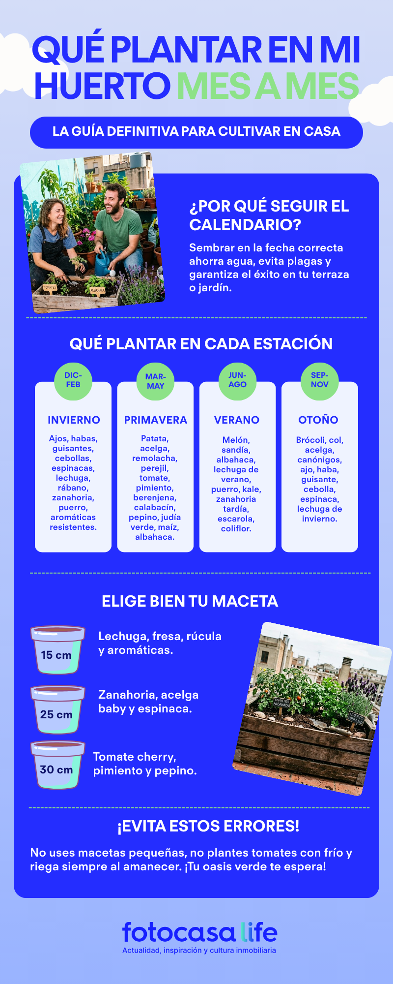 Infografía sobre qué plantar en mi huerto mes a mes con calendario por estaciones, tamaño de macetas y errores comunes en huerto urbano.