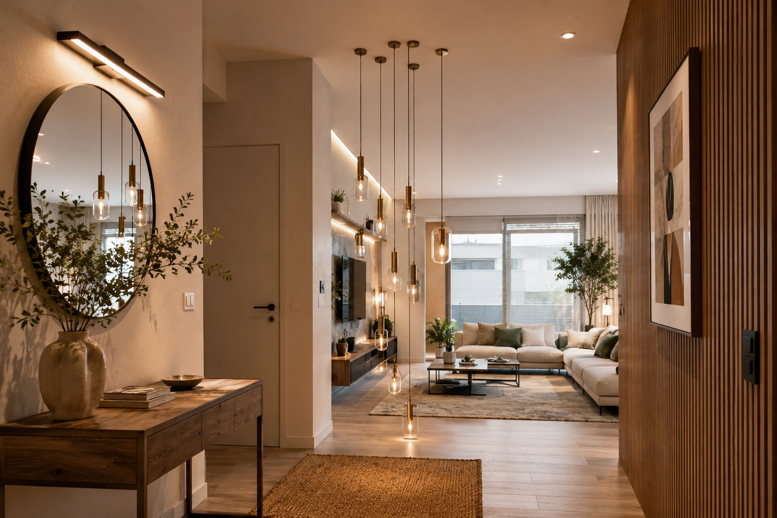 Lámparas de techo a diferentes alturas para separar ambientes entre recibidor y salón moderno