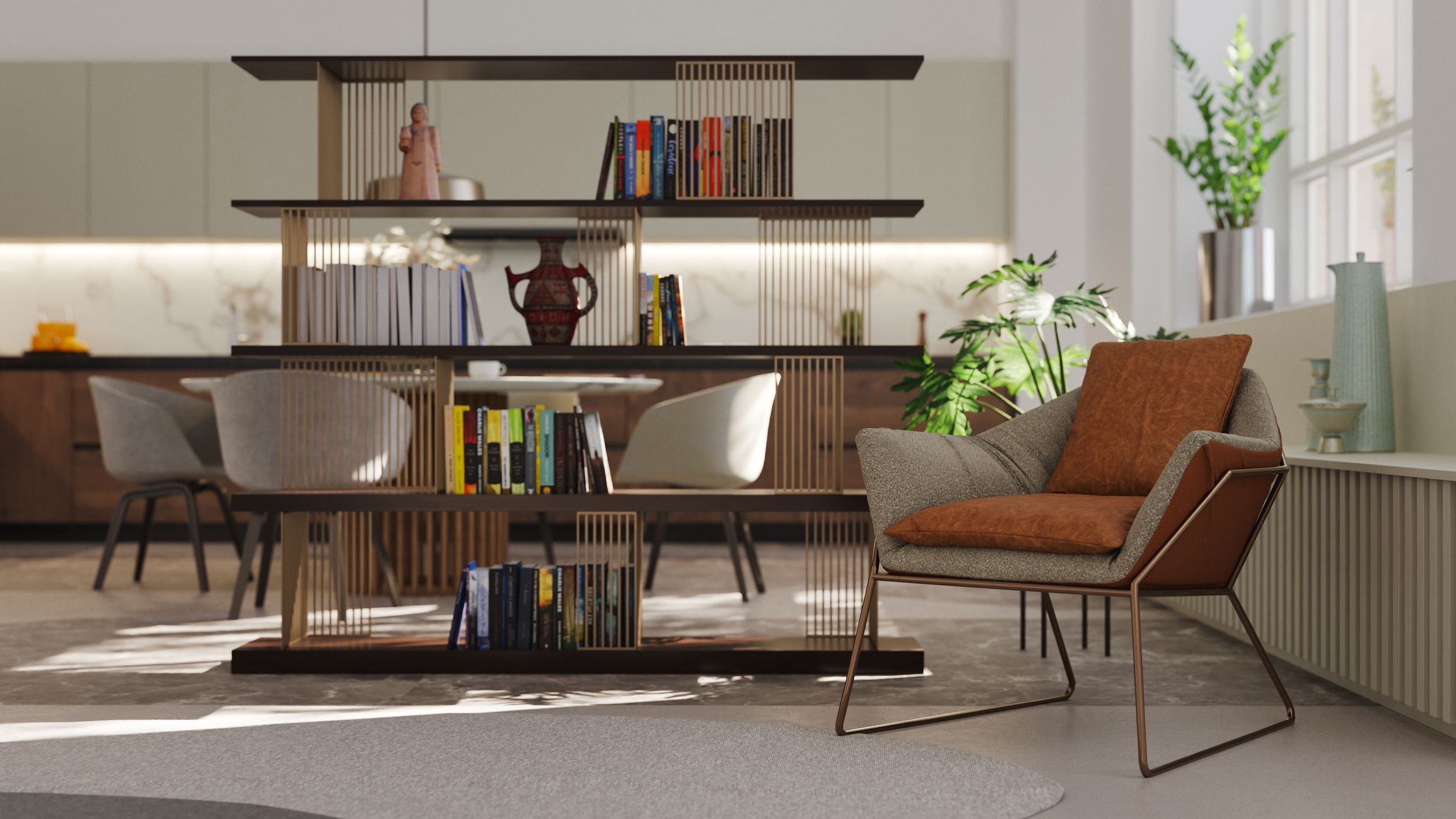 Librería abierta moderna para separar ambientes entre salón y comedor sin perder luz natural