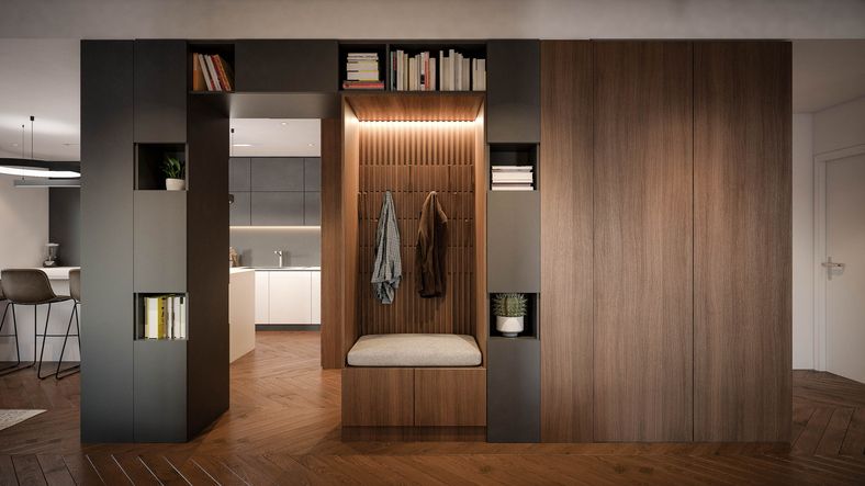 Mueble a medida con almacenaje integrado para separar ambientes en una vivienda moderna