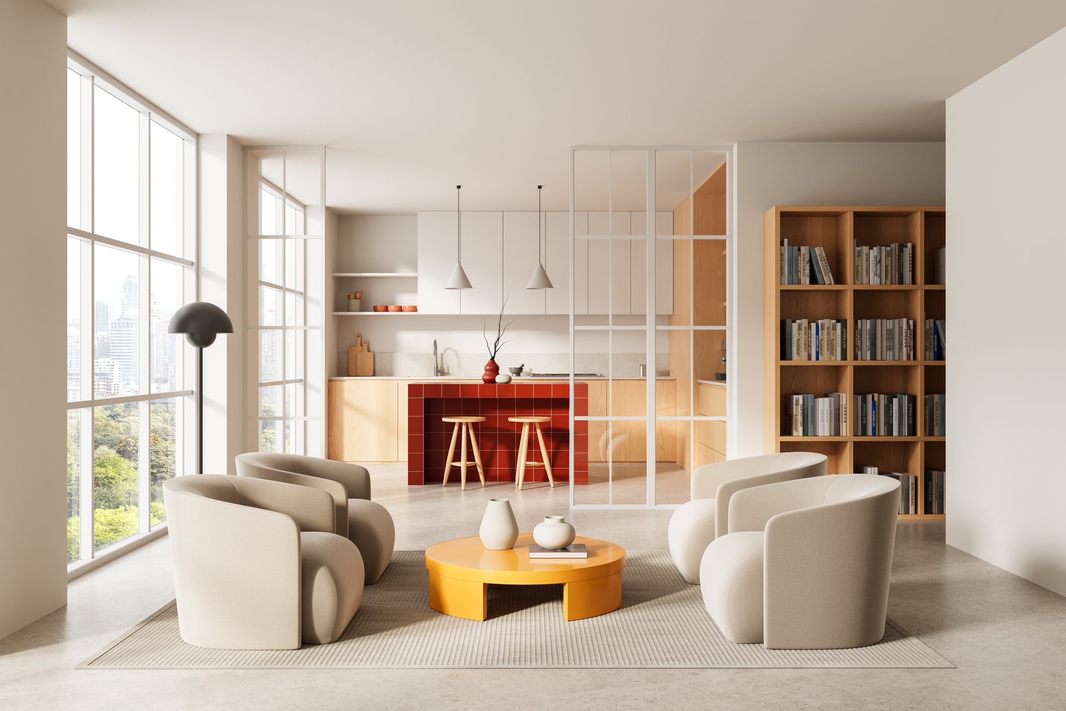 Puerta de cristal y perfilería blanca para separar ambientes entre salón y cocina moderna