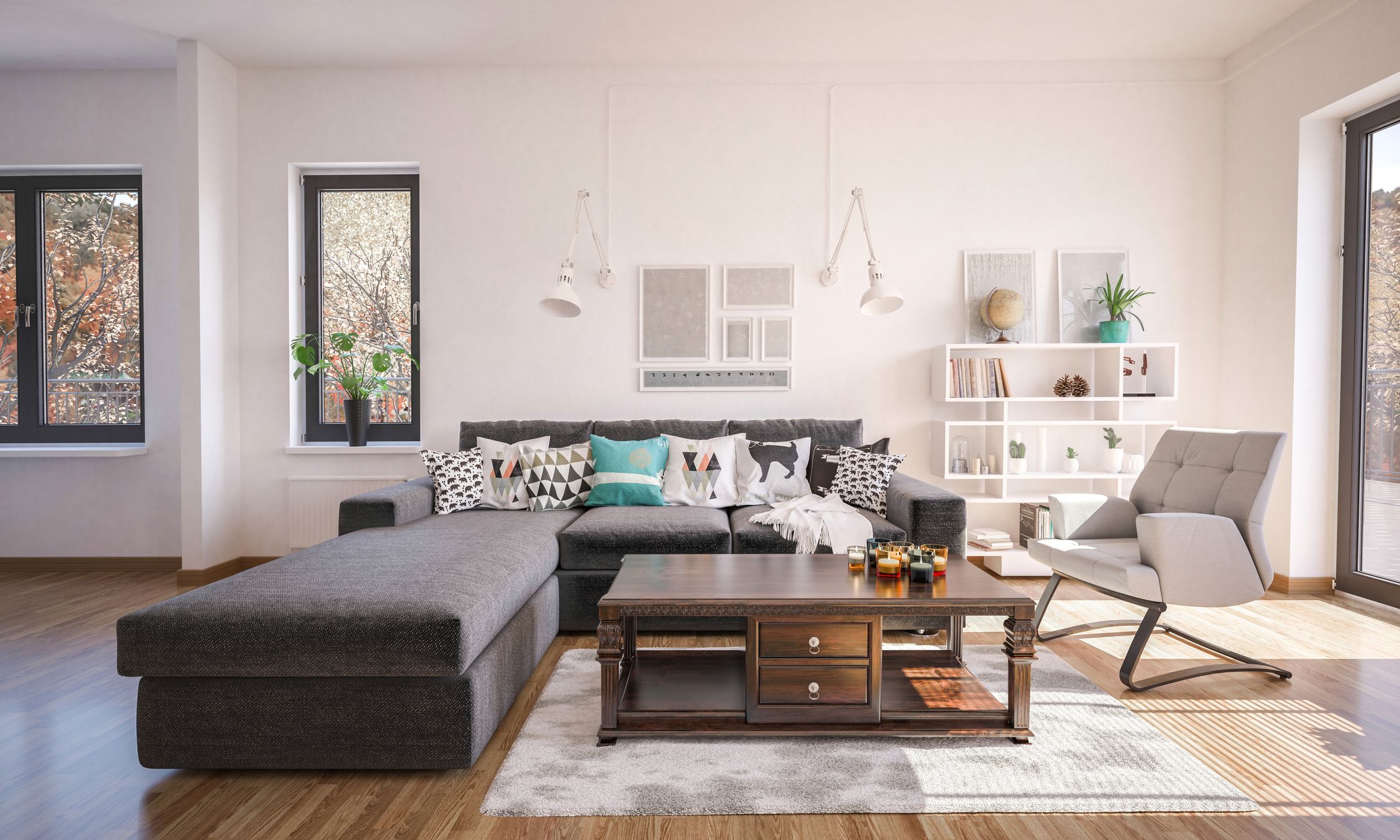 Sofá modular utilizado para separar ambientes en un salón amplio y moderno