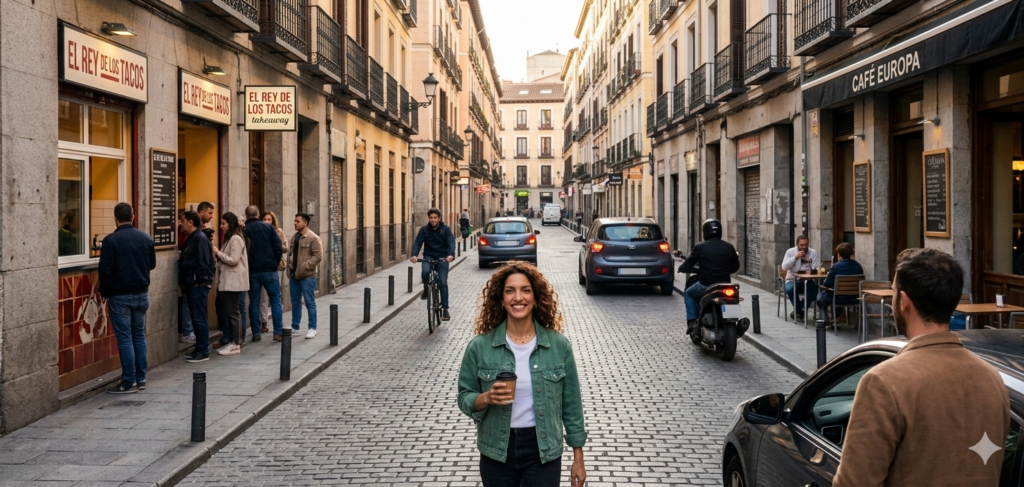 Mujer caminando por una calle urbana con terrazas y tráfico en una gran ciudad de España en 2026