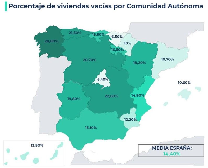 Mapa con el porcentaje de viviendas vacías en cada comunidad autónoma