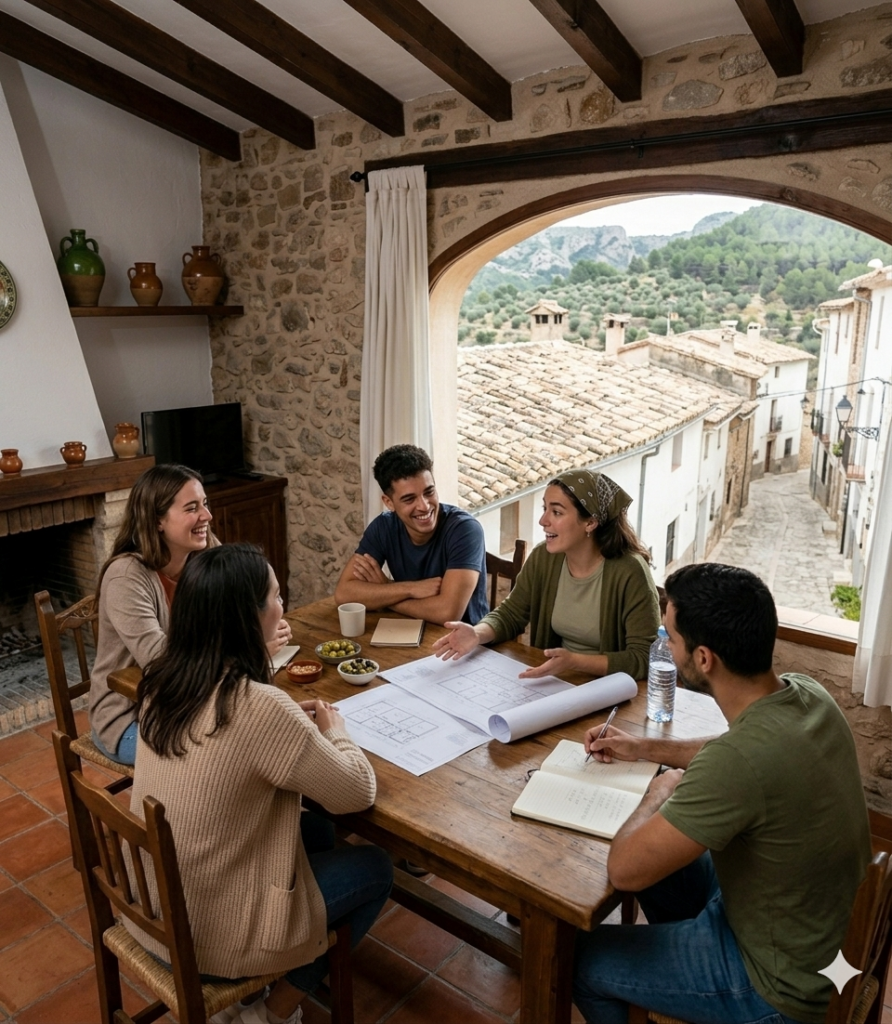 Imagen de jóvenes en una vivienda de pueblo