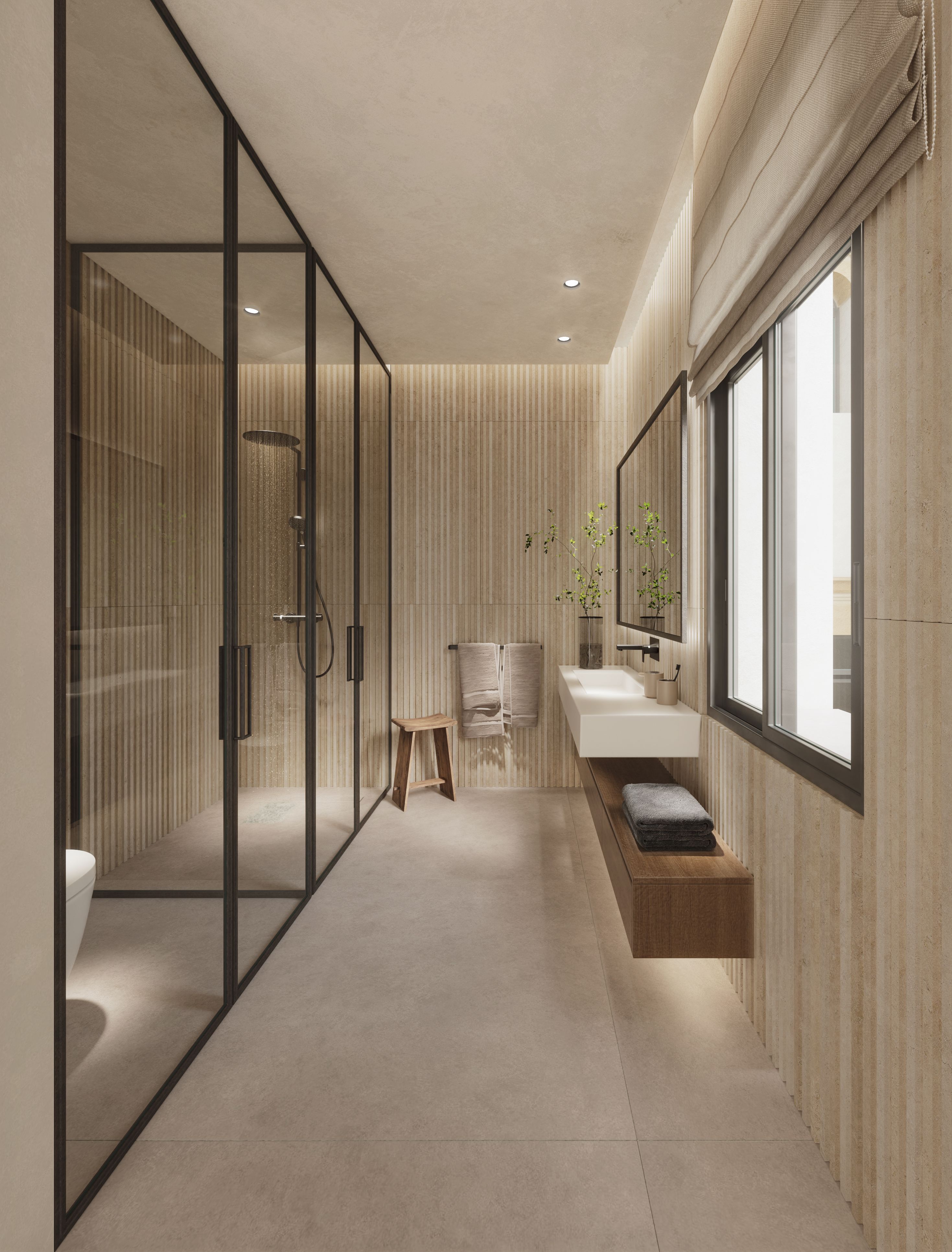 Baño contemporáneo en una vivienda de Be Grand El Limonar con ducha acristalada y acabados en piedra natural