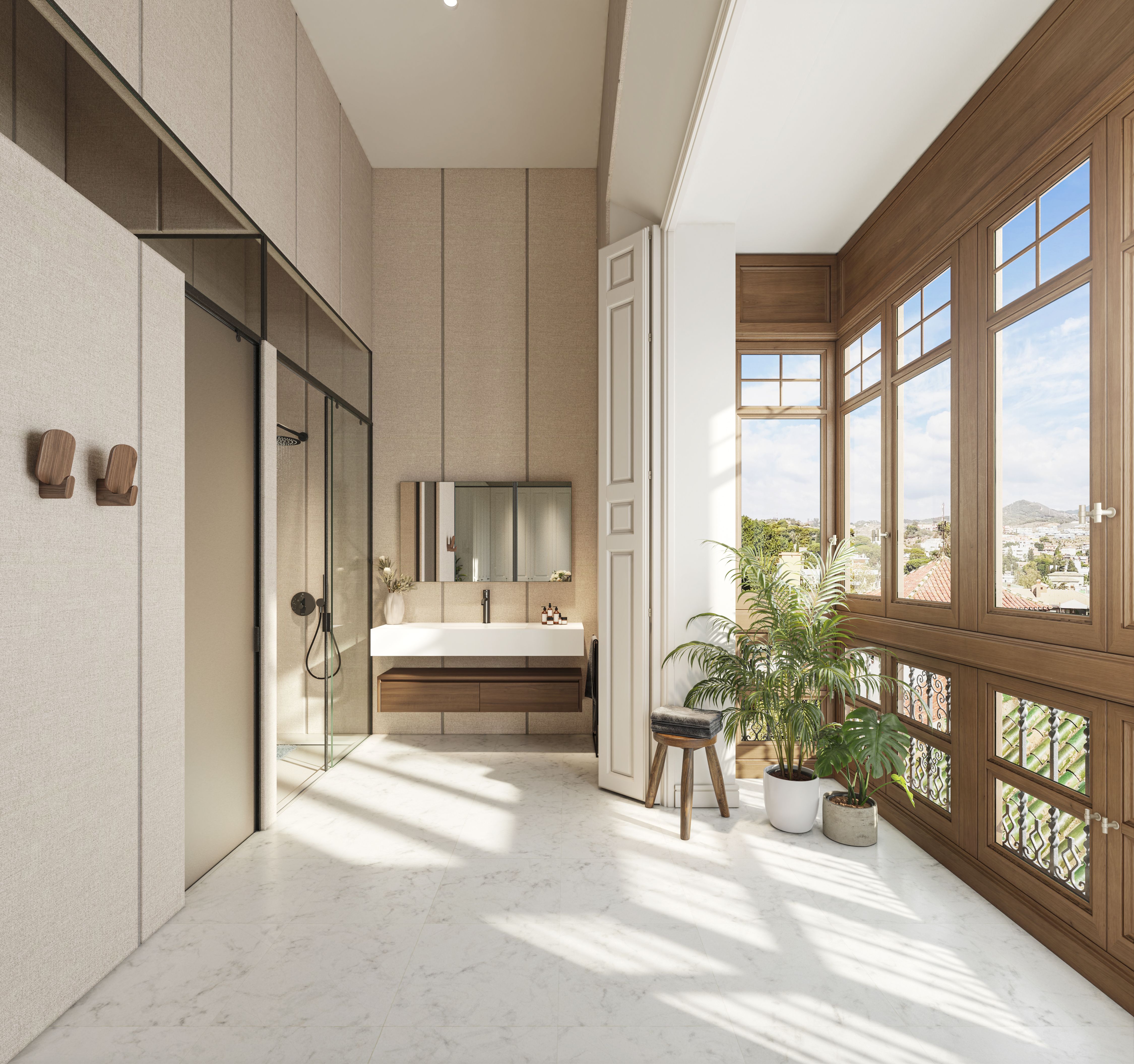 Baño en suite de una vivienda de Be Grand El Limonar con carpinterías originales, luz natural y diseño contemporáneo
