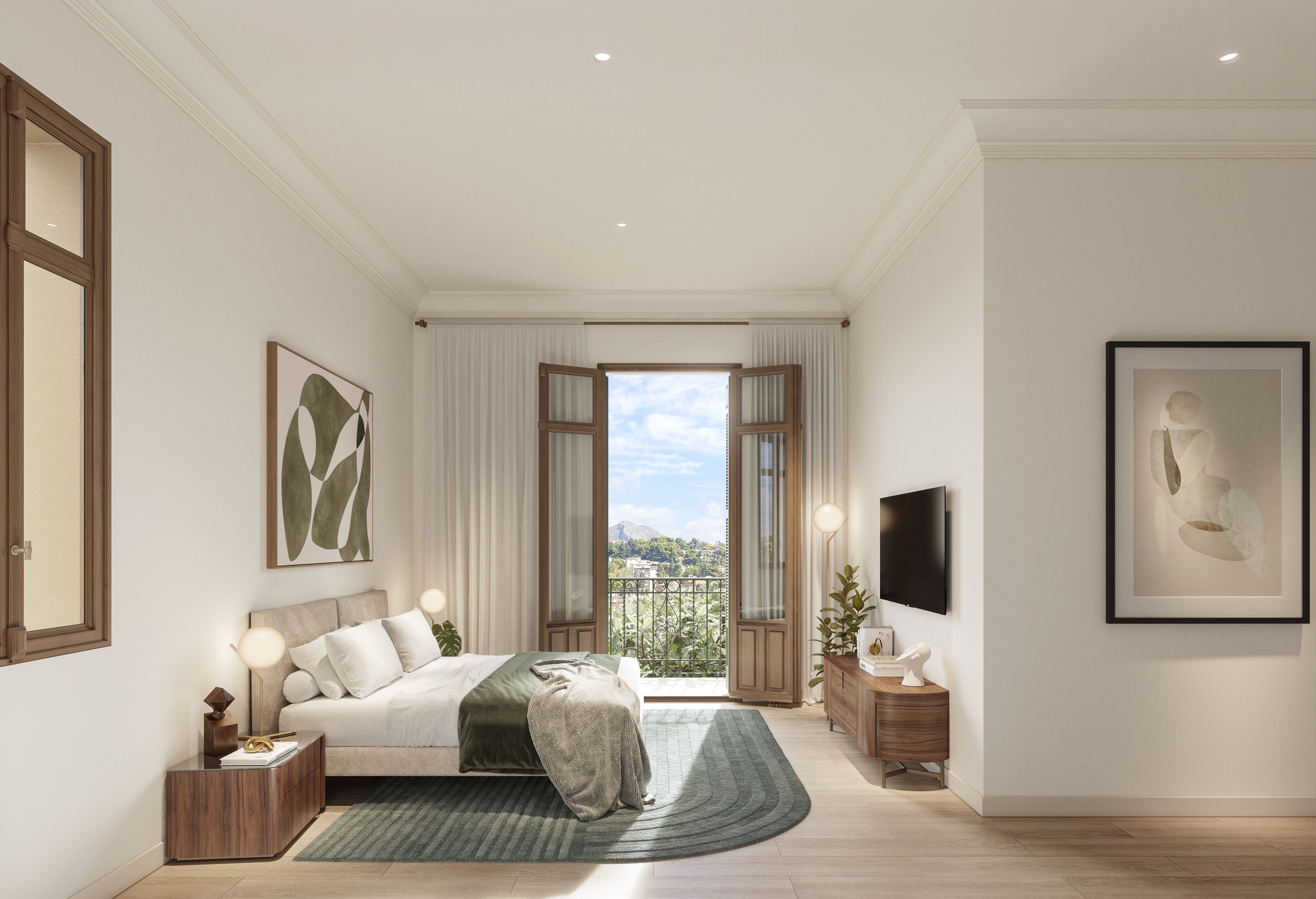 Dormitorio de una vivienda en Be Grand El Limonar con balcón original, techos altos y vistas al entorno de El Limonar, Málaga