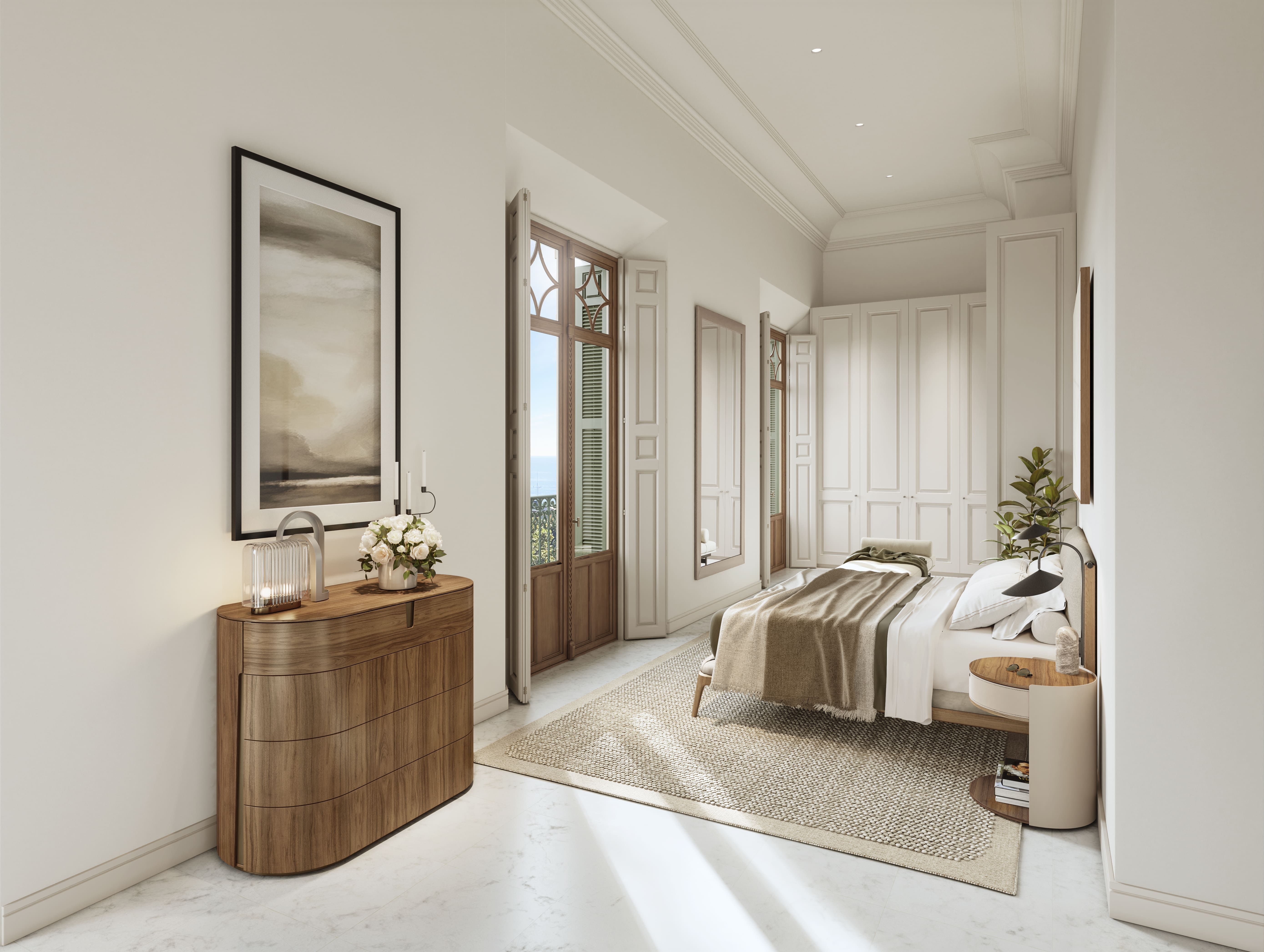 Dormitorio principal en una vivienda de Be Grand El Limonar con techos altos, carpinterías originales y vistas al Mediterráneo