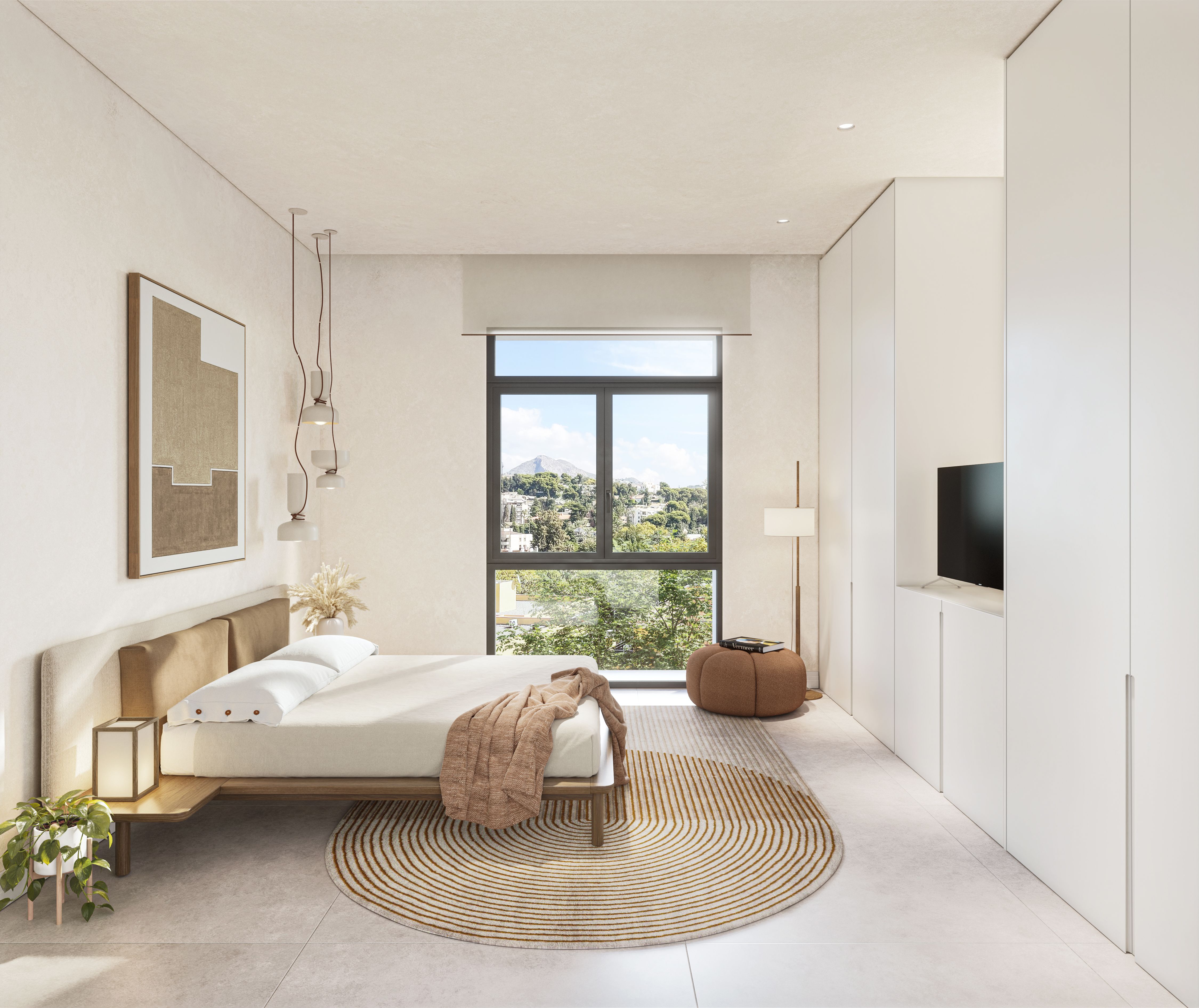 Dormitorio principal de una vivienda en Be Grand El Limonar con diseño contemporáneo, grandes ventanales y vistas al entorno de El Limonar, Málaga
