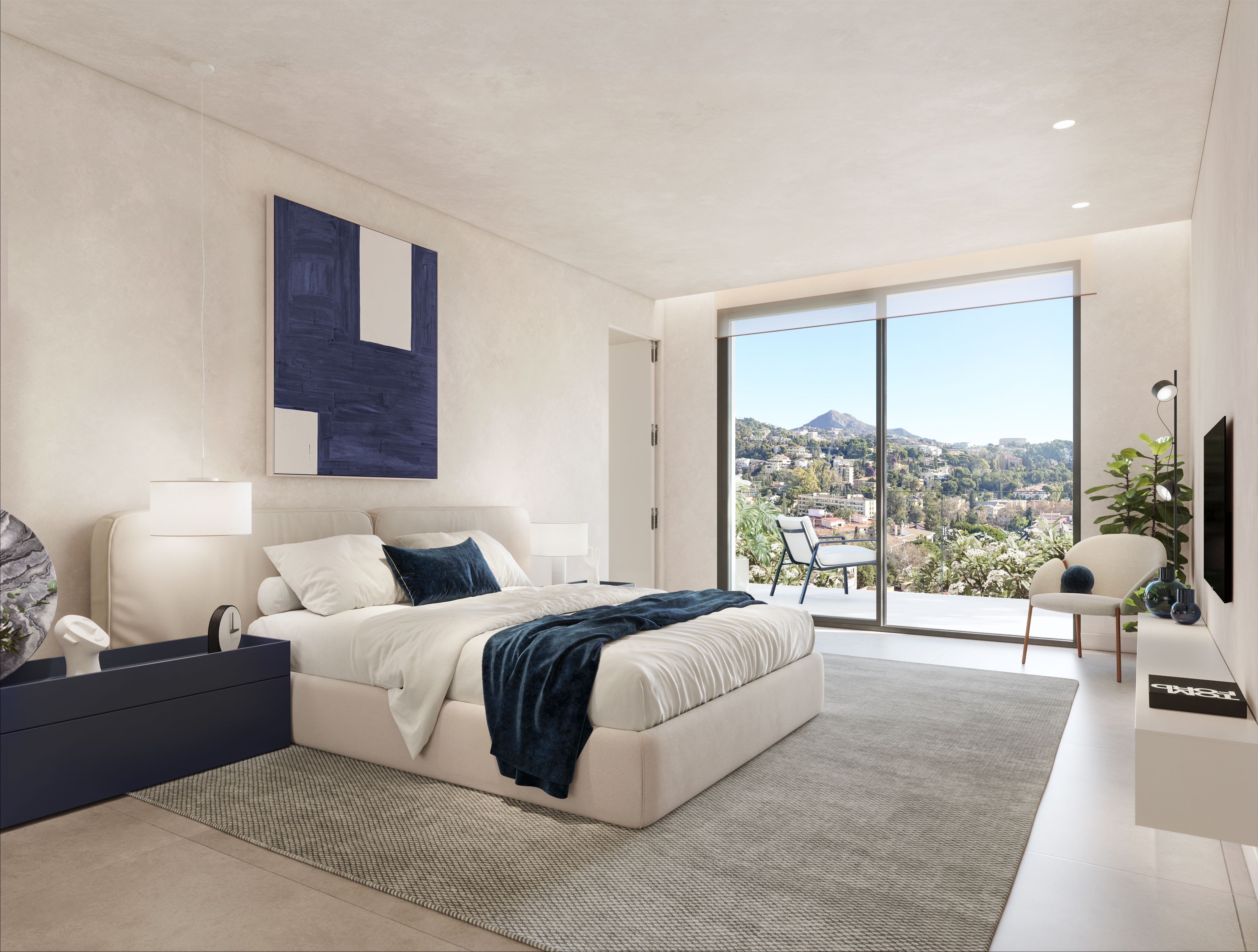 Dormitorio principal de una vivienda en Be Grand El Limonar con grandes ventanales y vistas panorámicas al entorno de El Limonar, Málaga