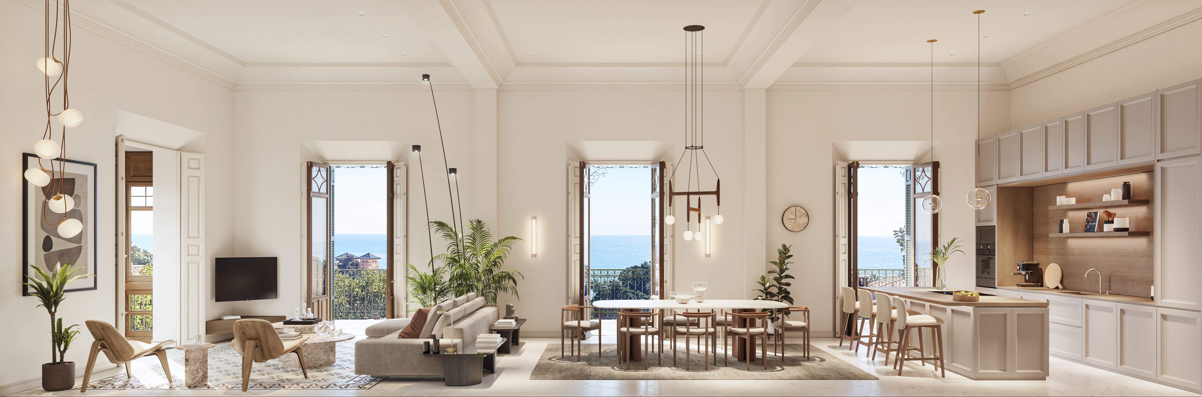 Salón, comedor y cocina en un edificio histórico rehabilitado de Be Grand El Limonar con vistas al mar Mediterráneo
