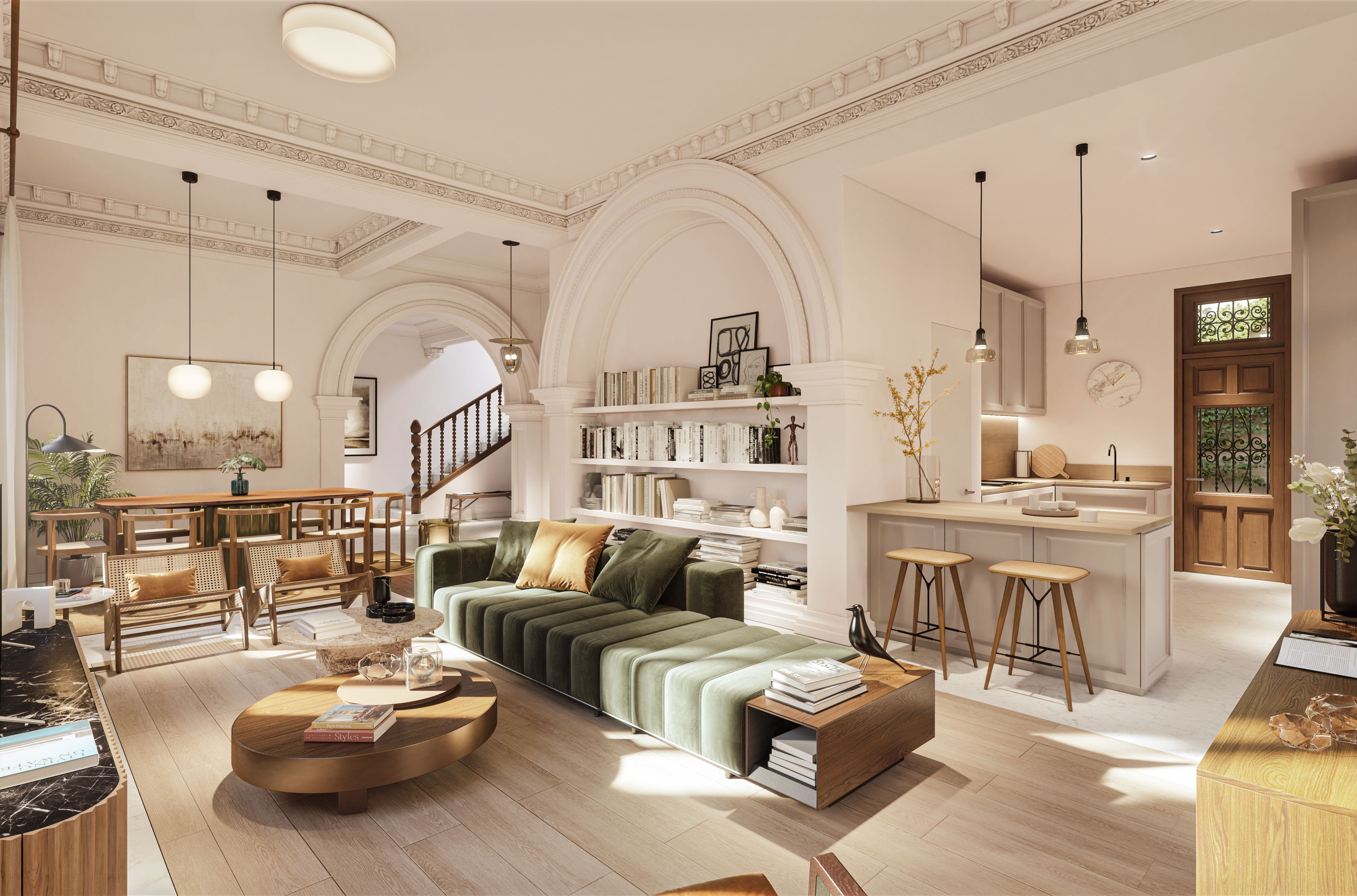 Salón, comedor y cocina integrados en una vivienda de Be Grand El Limonar, proyecto residencial de lujo en Málaga
