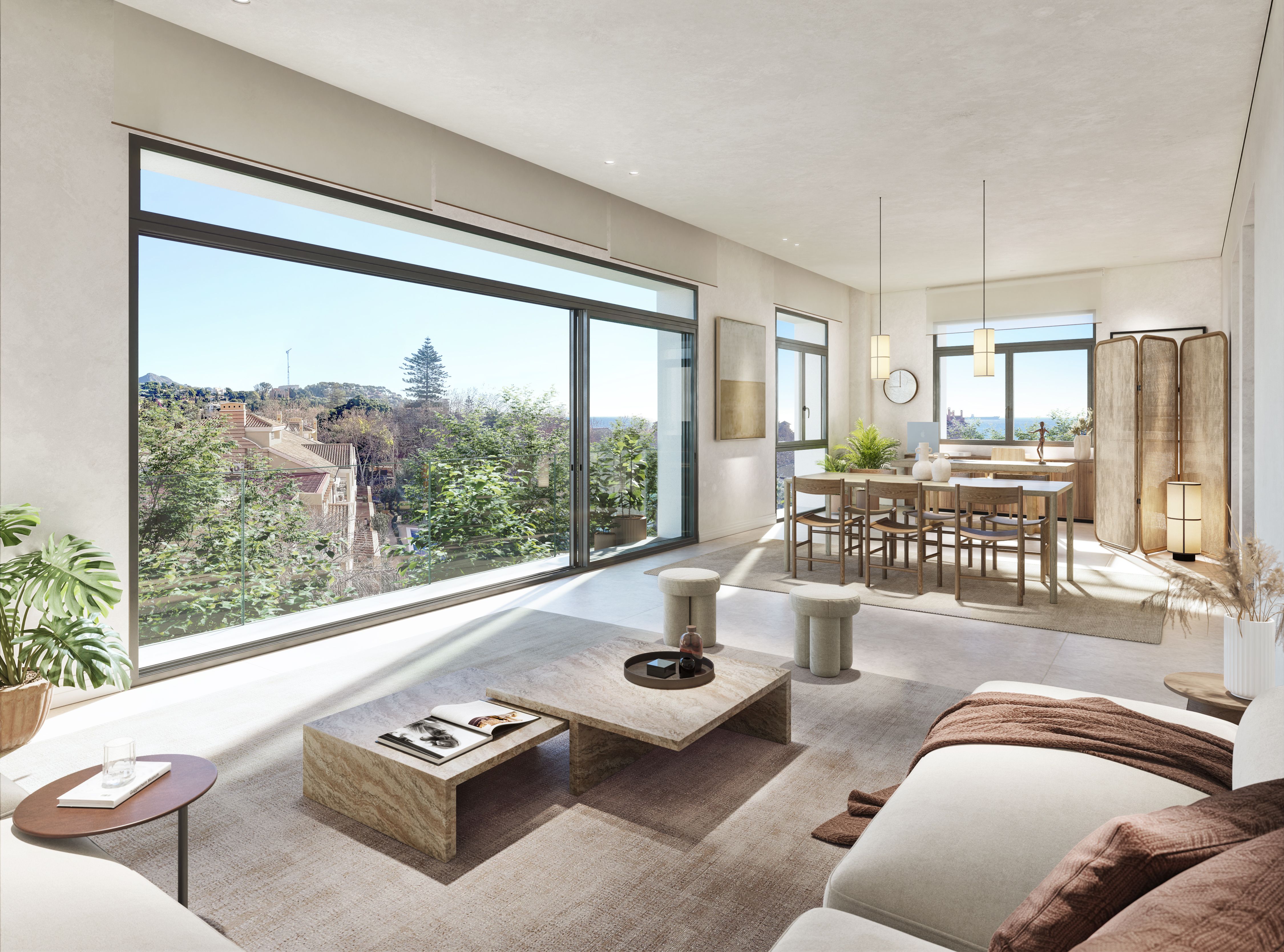 Salón y comedor de una vivienda de Be Grand El Limonar con grandes ventanales y vistas al entorno residencial de El Limonar, Málaga