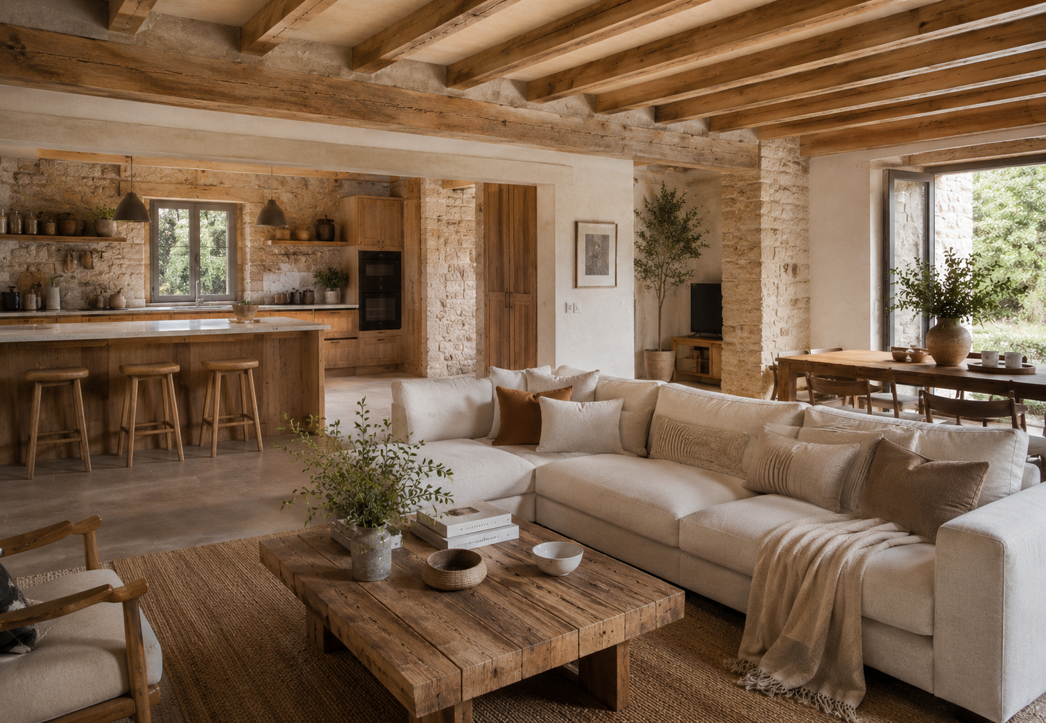 Cocina abierta integrada con salón y comedor en una casa rústica con piedra natural, vigas de madera y abundante luz natural