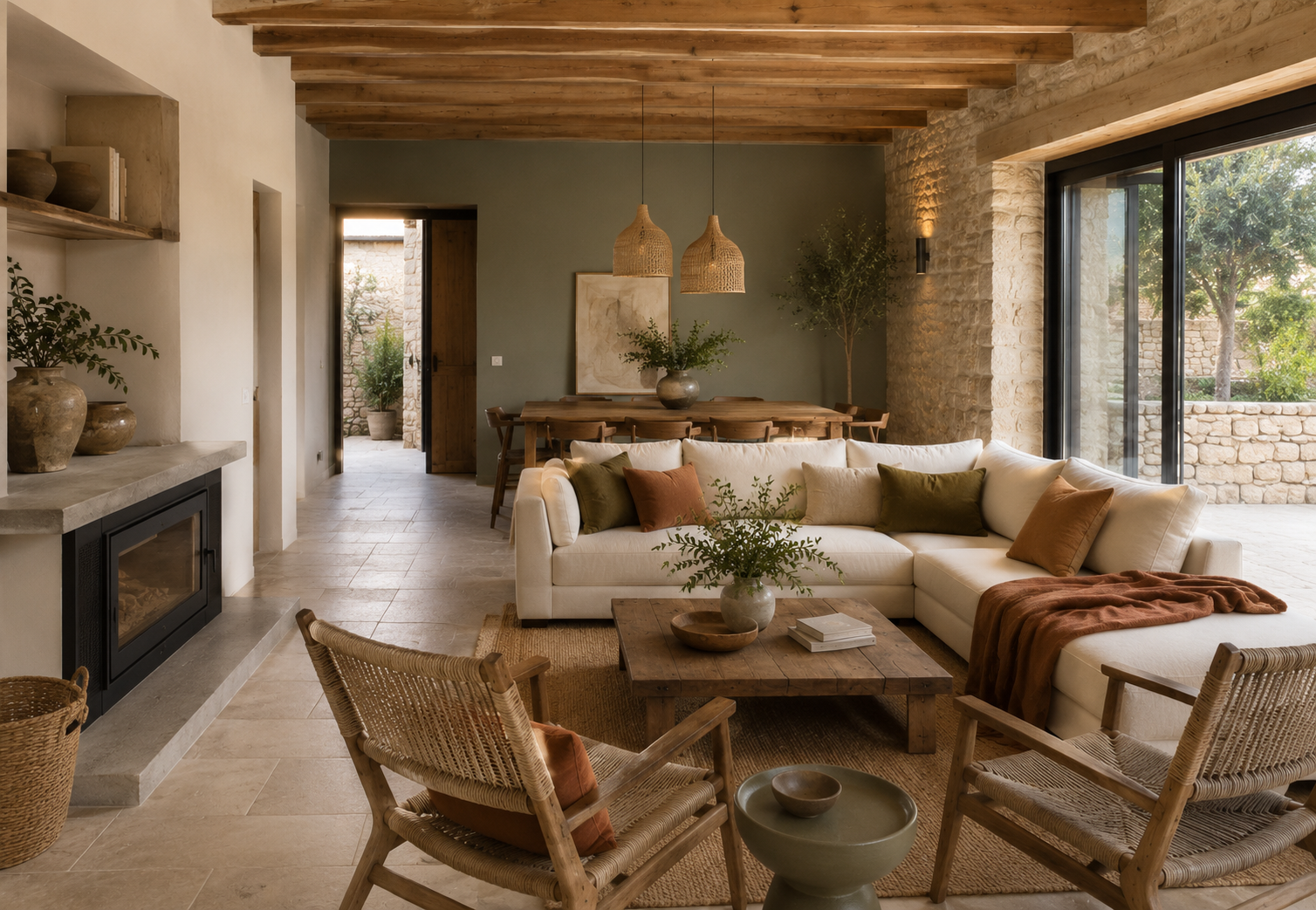 Salón de casa rústica decorado en tonos piedra, arena, terracota y verde oliva con madera y materiales naturales