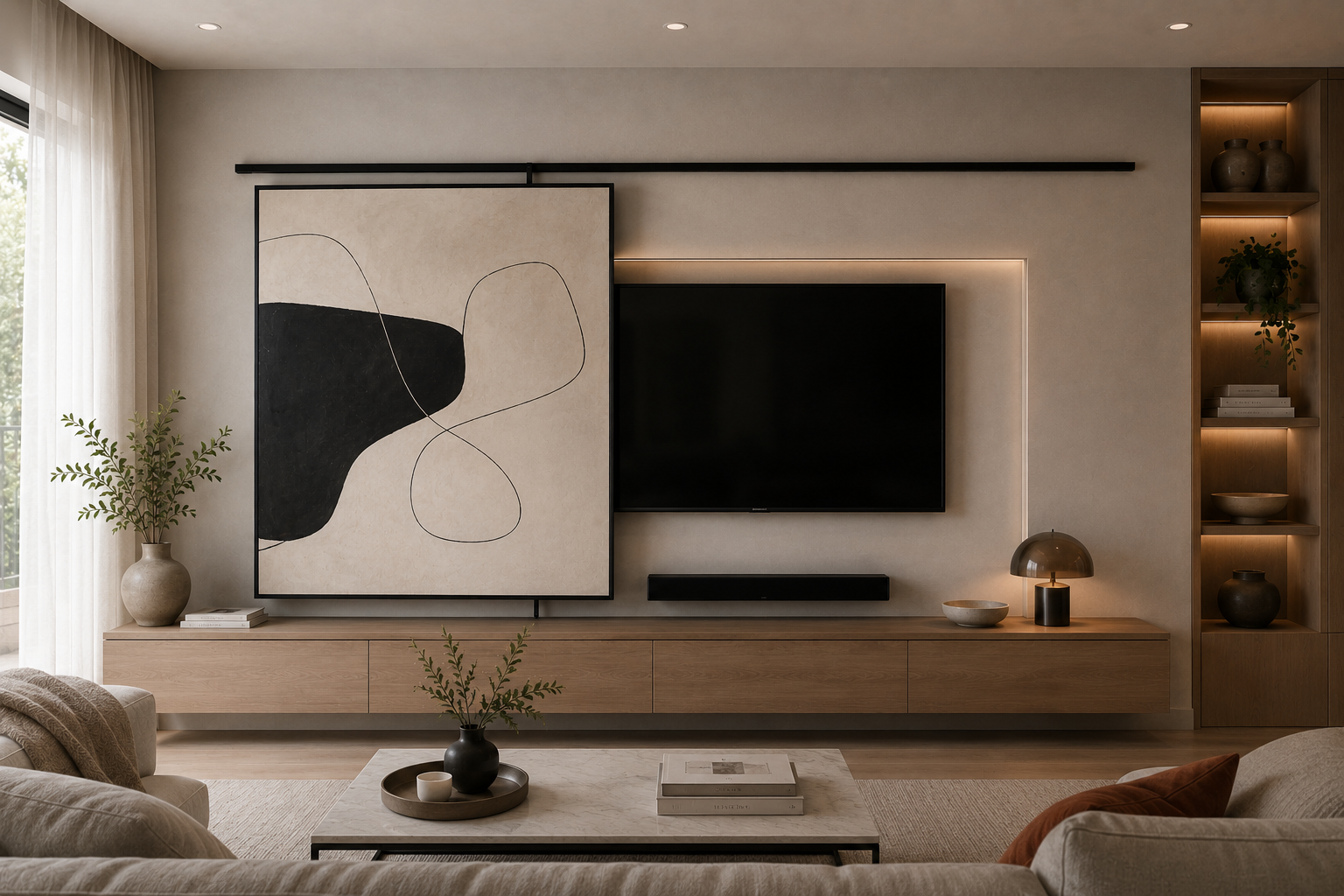 Salón contemporáneo con televisión oculta mediante un cuadro corredero de arte abstracto instalado sobre una guía deslizante.