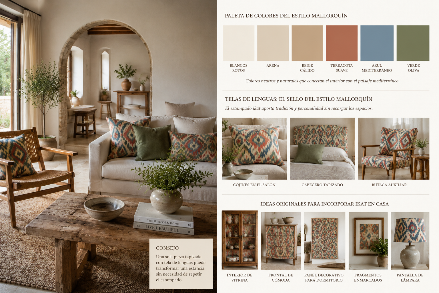 Salón de estilo mallorquín con tonos arena, beige y verde oliva, cojines de telas de lenguas y ejemplos de estampado ikat en decoración mediterránea.