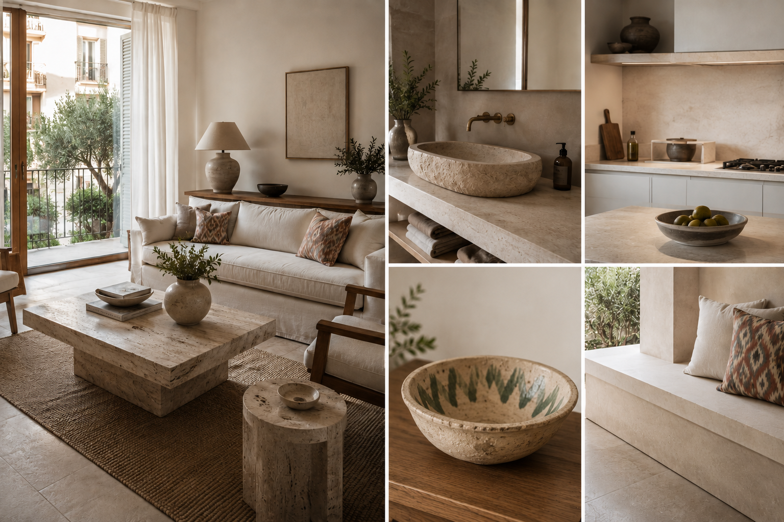Ejemplos de piedra natural en el estilo mallorquín con mesa de travertino, lavabo de piedra, encimera de caliza, cuenco artesanal y banco de obra contemporáneo.