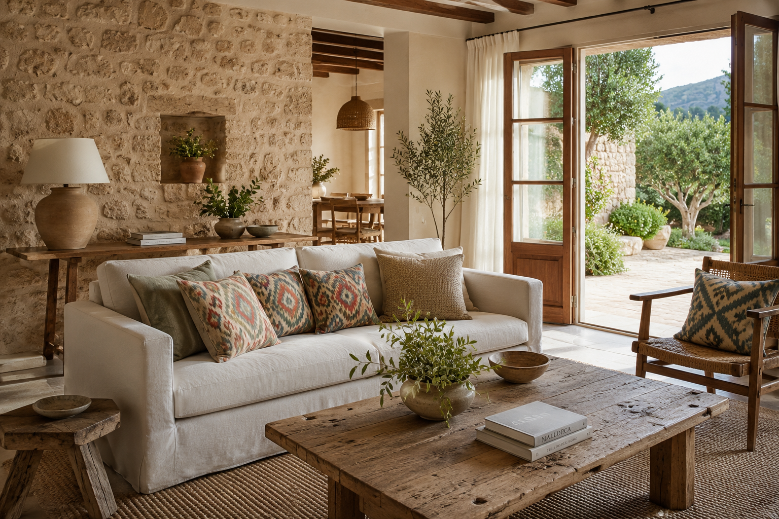 Salón de estilo mallorquín con paredes de piedra natural, sofá de lino, cojines de telas de lenguas y vistas a un jardín mediterráneo.