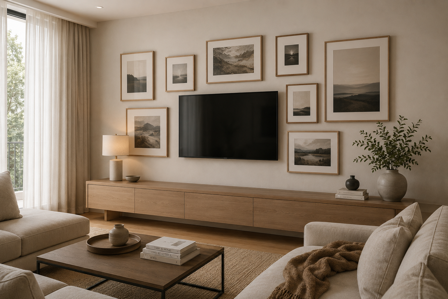 Salón moderno con televisión integrada en una galería decorativa de cuadros y fotografías enmarcadas sobre una pared neutra.